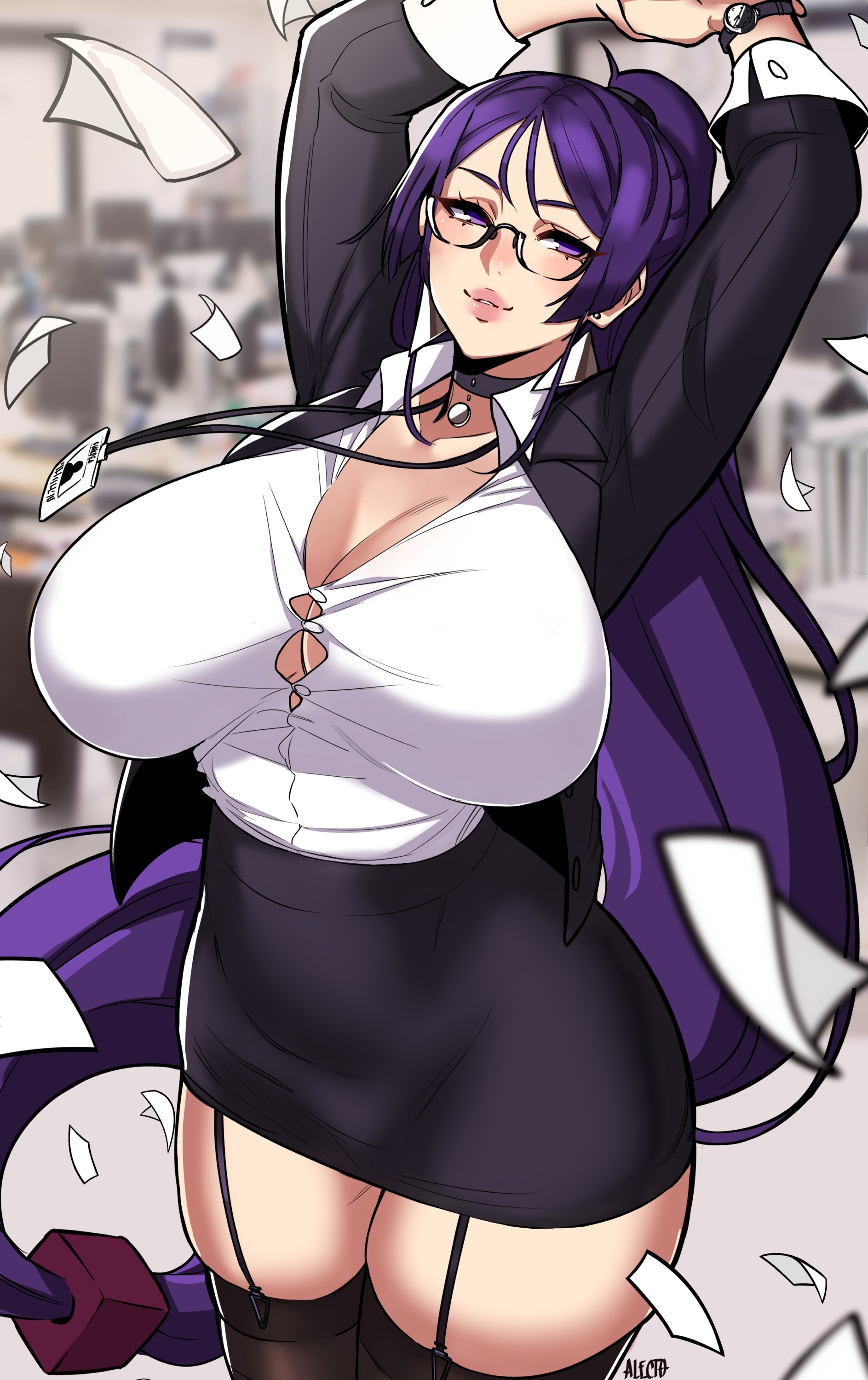 1girls, alecto 0, arms up, big breasts, breasts, bursting breasts, button down shirt, button gap, choker, cleavage, fate (series), fate/grand order, female, female only, garter belt, glasses, huge breasts, legs together, long hair, minamoto no raikou (fate/grand order), narrowed eyes, necklace, ponytail, purple eyes, purple hair, solo, solo focus, stockings, teacher, teacher outfit, thick thighs, thigh squish, very high resolution, wide hips