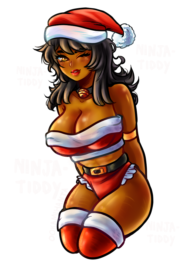 big breasts, black hair, breasts, christmas outfit, cole (ninjago), curvy figure, dark skin, dark-skinned female, female, female only, genderswap, genderswap (mtf), lego, long hair, ninjago, ookamihanta, rule 63, yellow eyes