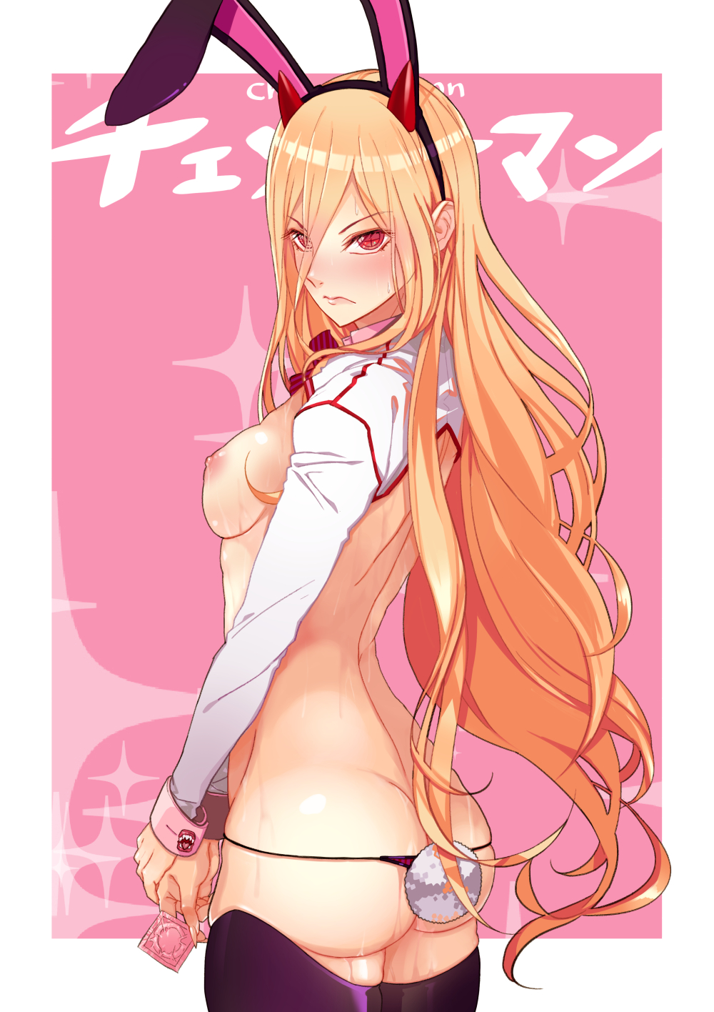 + +, alternate costume, animal ears, areolae, ass, ass crack, bangs, black legwear, black panties, blonde hair, blush, breasts, bunny ears, bunny tail, butt crack, chainsaw man, commentary request, condom, condom wrapper, eyebrows visible through hair, fake animal ears, female, female only, from side, frown, hair between eyes, highres, holding, holding condom, horns, long hair, long sleeves, looking at viewer, medium breasts, meme attire, micro panties, nipples, nukisabi, panties, pink background, playboy bunny, power (chainsaw man), red eyes, reverse bunnysuit, reverse outfit, solo, tail, thighhighs, underwear