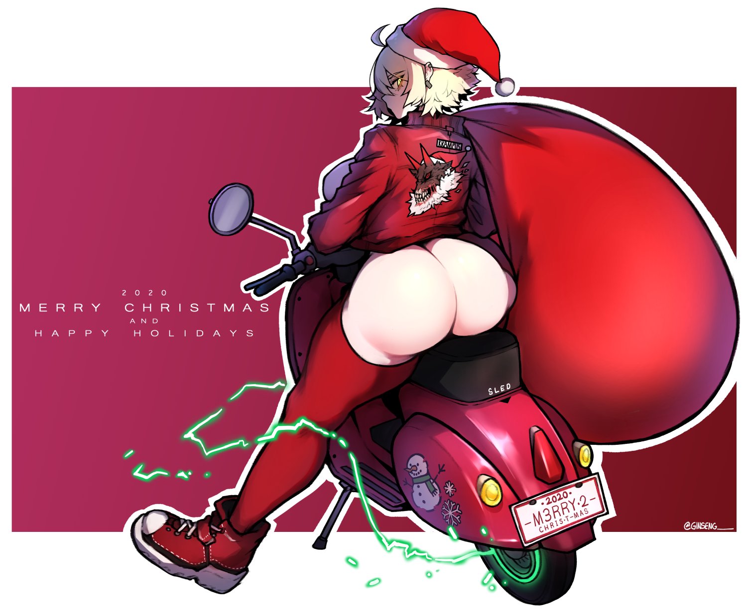 ass, babo, blonde hair, breasts, chris (babo), christmas, christmas bag, curvy, female, huge ass, large breasts, looking at viewer, motorcycle, original, original character, short hair, sideboob, sitting, thick thighs