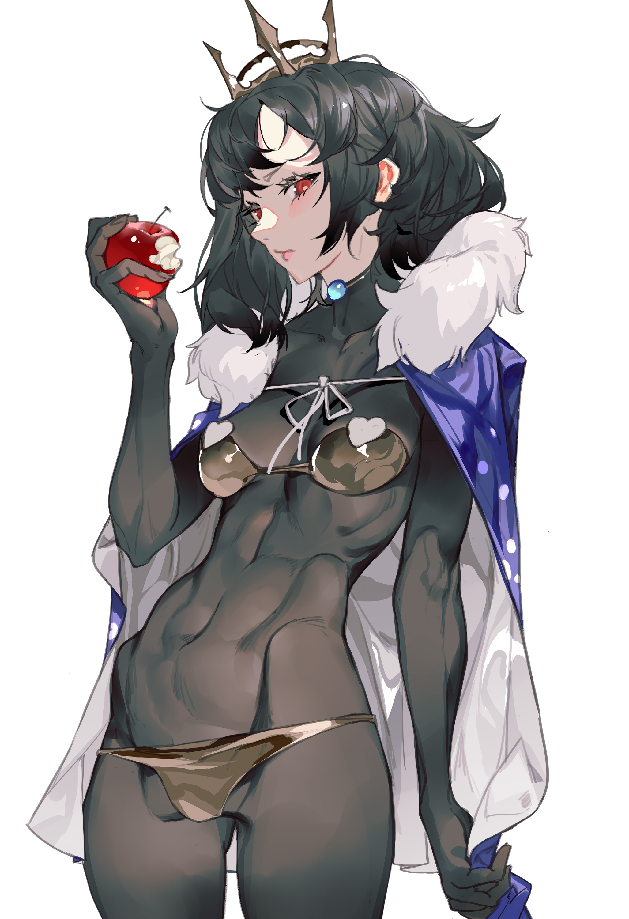 1girls, apple, black hair, bodysuit, bra, cape, crown, female, female focus, female only, grandialee, looking at viewer, original, original character, panties, red eyes, solo, solo female, solo focus