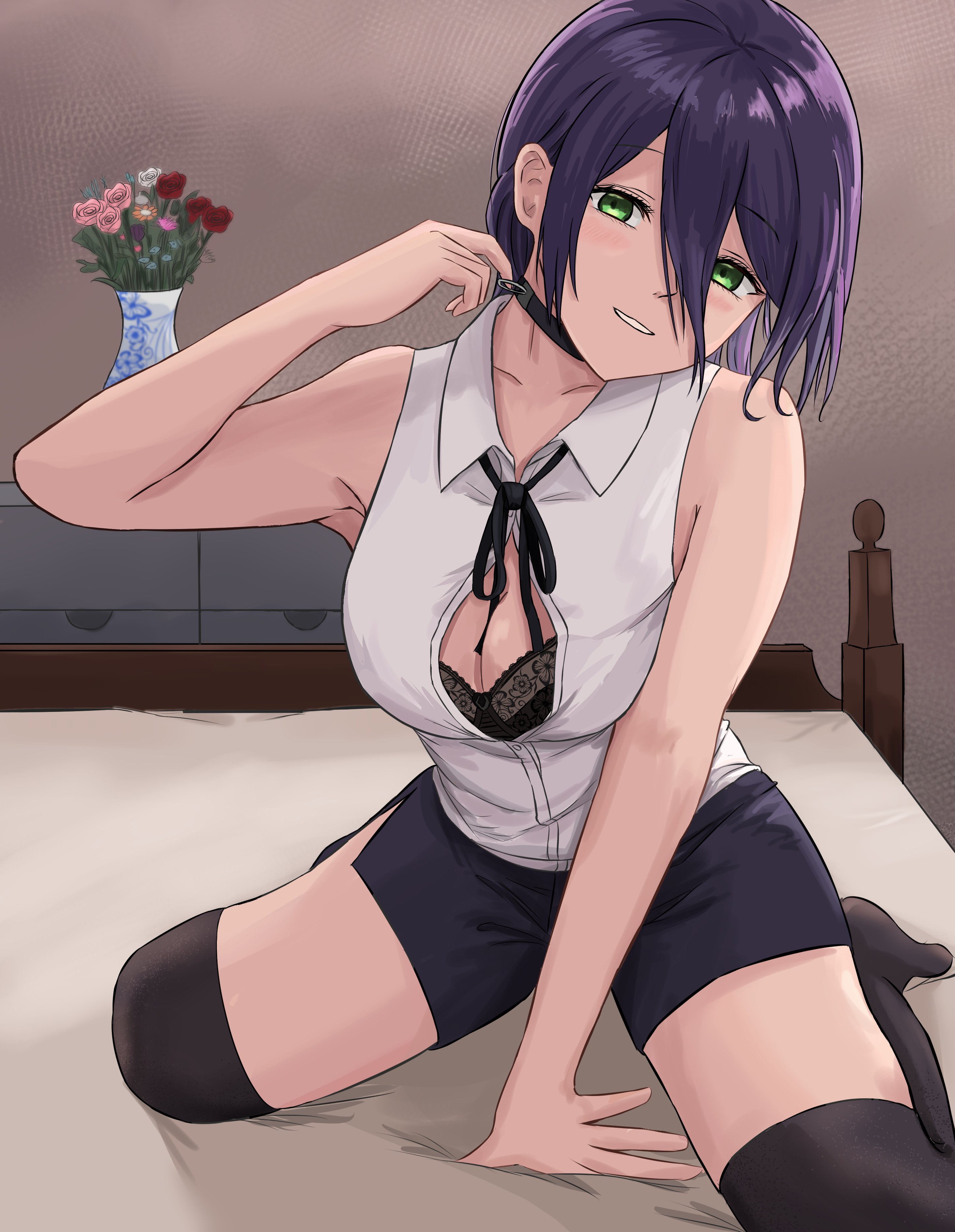 absurdres, arm at side, arm up, bare shoulders, bed, black bra, black choker, black hair, black legwear, black ribbon, black shorts, bra, breasts, chainsaw man, choker, cleavage, collared shirt, eyebrows visible through hair, female, flower, full body, green eyes, hair between eyes, head tilt, highres, looking at viewer, mappa, medium breasts, medium hair, open clothes, open shirt, petals, purple hair, raiiniichts, reze (chainsaw man), ribbon, shirt, short hair, shorts, shounen jump, sitting, sleeveless, smile, solo, thighhighs, underwear, white shirt