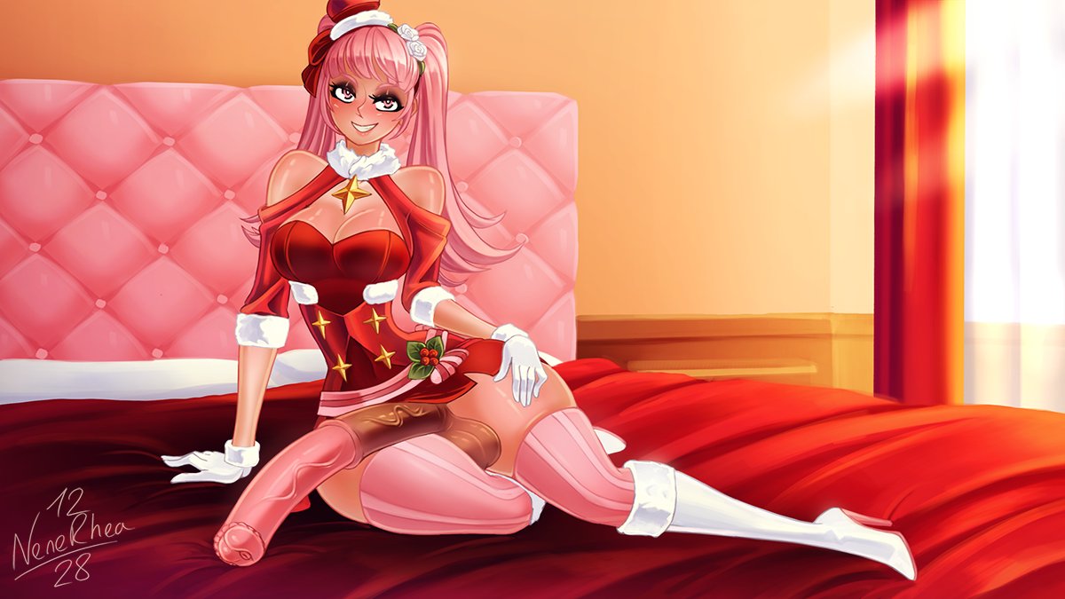 alternate costume, bangs, bare thighs, bedroom, bedroom eyes, blush, breasts, christmas, cleavage, evil grin, female, femdom, fire emblem, fire emblem heroes, fire emblem: three houses, futa only, futanari, gloves, hat, high heels, hilda valentine goneril, horse penis, horsecock, horsecock futa, huge cock, human with animal genitalia, human with horsecock, intersex, large breasts, large penis, looking at viewer, lying on side, naughty face, nenerhea, nintendo, on bed, on side, penis, pink eyes, pink hair, santa hat, smile, thick thighs, thighhighs