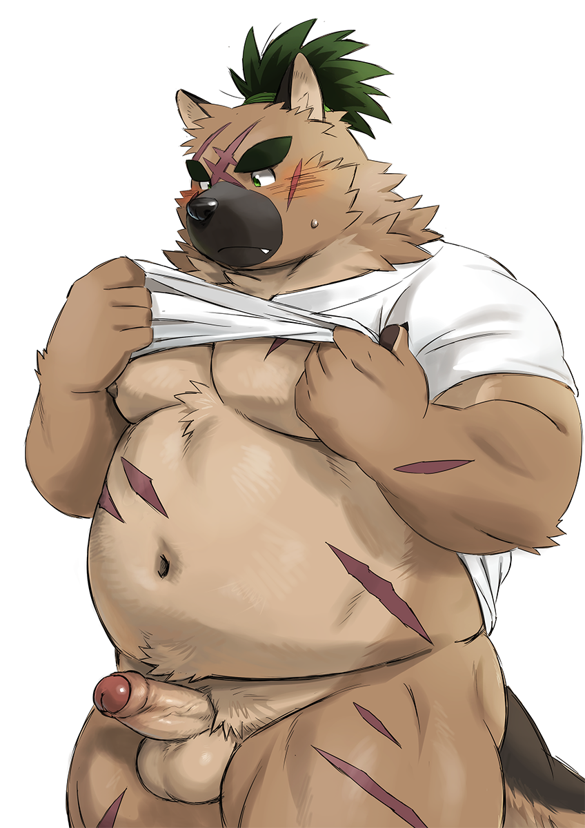 1boy 2020 anthro balls belly blush canid canine canis clothed clothing domestic_dog erection genitals hi_res humanoid_genitalia humanoid_hands humanoid_penis kemono male male_only mammal moobs navel nipples open_clothing open_shirt open_topwear overweight overweight_anthro overweight_male penis rossciaco scar shirt solo tokyo_afterschool_summoners topwear video_games yasuyori