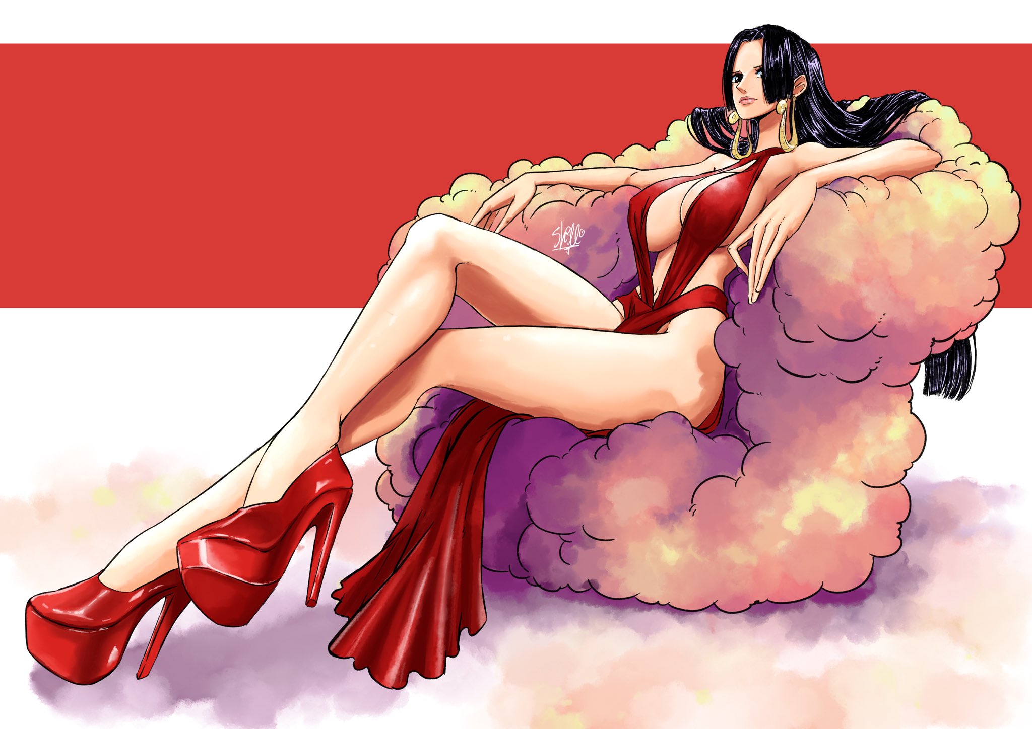 1girls, bare shoulders, big breasts, black eyes, black hair, black-haired female, boa hancock, breasts, chair, cleavage, clothing, cloud, crossed legs, curvy, dress, earrings, eyelashes, female, female focus, female only, full body, halterneck, high heels, highres, human, jewelry, large breasts, lips, lipstick, long hair, long legs, looking at viewer, lounging, makeup, navel, one piece, pink lipstick, platform heels, revealing clothes, shellmaru, shiny skin, sideboob, signature, simple background, sitting, skimpy, solo, solo female, thighs, very long hair, voluptuous