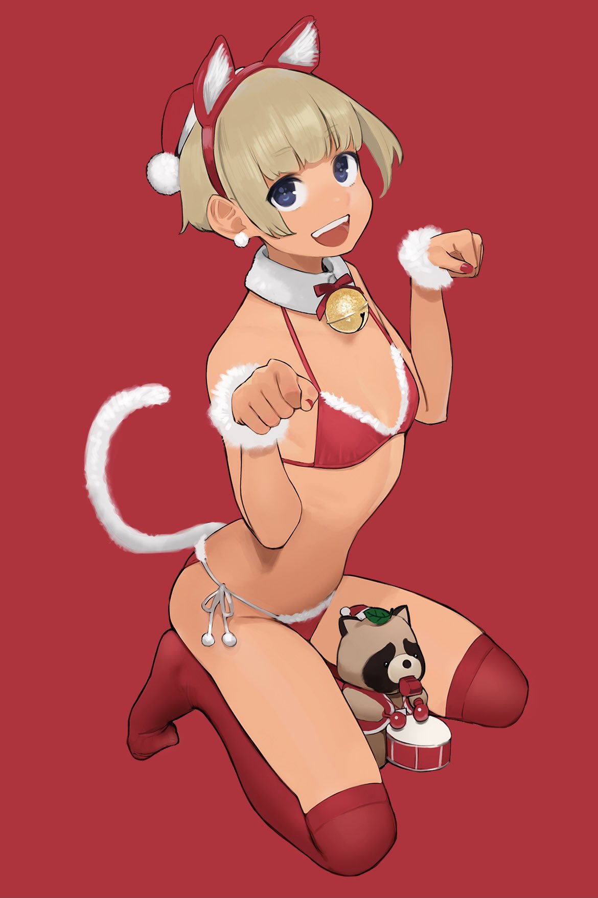 blonde hair, bra, breasts, cat ears, christmas, christmas outfit, earrings, female, ganbare douki-chan, looking at viewer, open mouth, panties, playful, pose, posing, purple eyes, shinjin-chan (douki-chan), short hair, sitting, sitting on lap, small breasts, smile, smiling, stockings, teasing, very short hair, yomu (sgt epper)