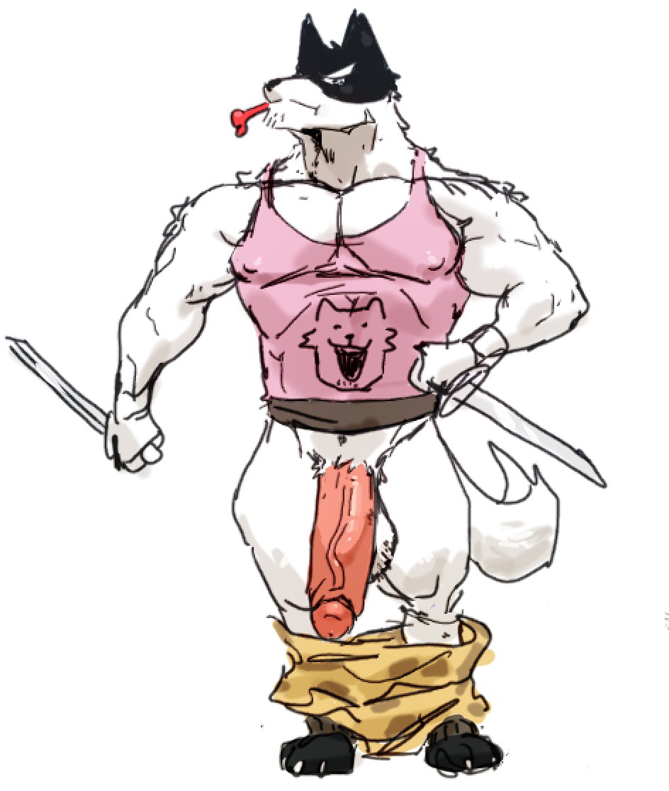 1boy 1male 2020 anthro balls bara barazoku big_penis black_body black_fur canid canine canis casual_exposure clothed clothing dog_treat doggo_(undertale) domestic_dog flaccid fur gay genitals humanoid_genitalia humanoid_penis looking_at_viewer male male_only mammal melee_weapon multicolored_body multicolored_fur muscular muscular_anthro muscular_male nipple_outline pants_down partially_clothed penis royal_guard_(undertale) shirt simple_background solo standing sword tank_top topwear tora_gy two_tone_body two_tone_fur undertale undertale_(series) video_games weapon white_background white_body white_fur