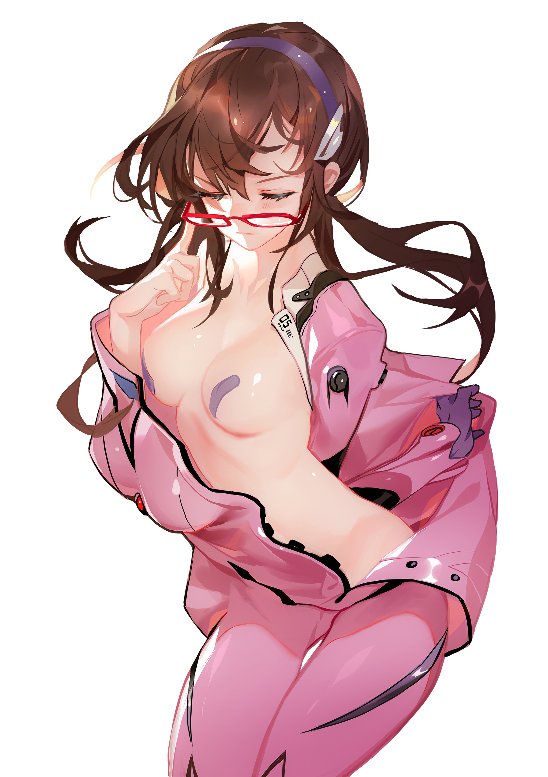 1girls, blush, bodysuit, breasts, brown hair, closed eyes, clothed, clothing, female, glasses, gloves, grandialee, human, light skin, light-skinned female, long hair, mari illustrious makinami, medium breasts, neon genesis evangelion, pilot suit, plugsuit, rebuild of evangelion, solo, solo female, solo focus, topless, topless female, undressing