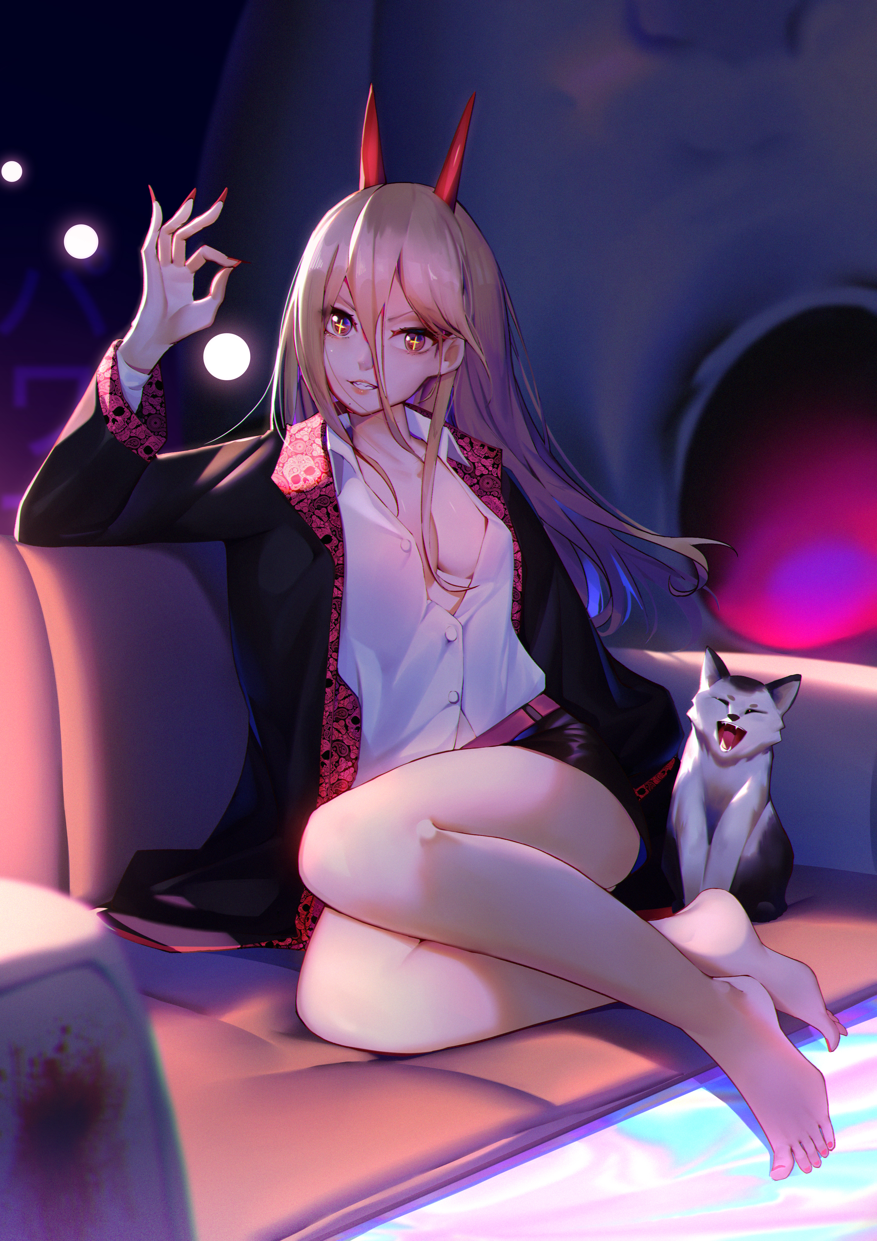 + +, absurdres, animal, bangs, bare legs, barefoot, black horns, blush, breasts, brown hair, business suit, chainsaw man, cleavage, crosshair pupils, demon, demon girl, demon horns, eyebrows visible through hair, feline, female, female only, fingernails, formal, hair between eyes, highres, horns, huge filesize, long fingernails, long hair, looking at viewer, medium breasts, meowy (chainsaw man), nail polish, power (chainsaw man), red horns, red nails, ringed eyes, sharp fingernails, sharp teeth, sitting, solo, suit, teeth, toenail polish, very long hair, xingchee