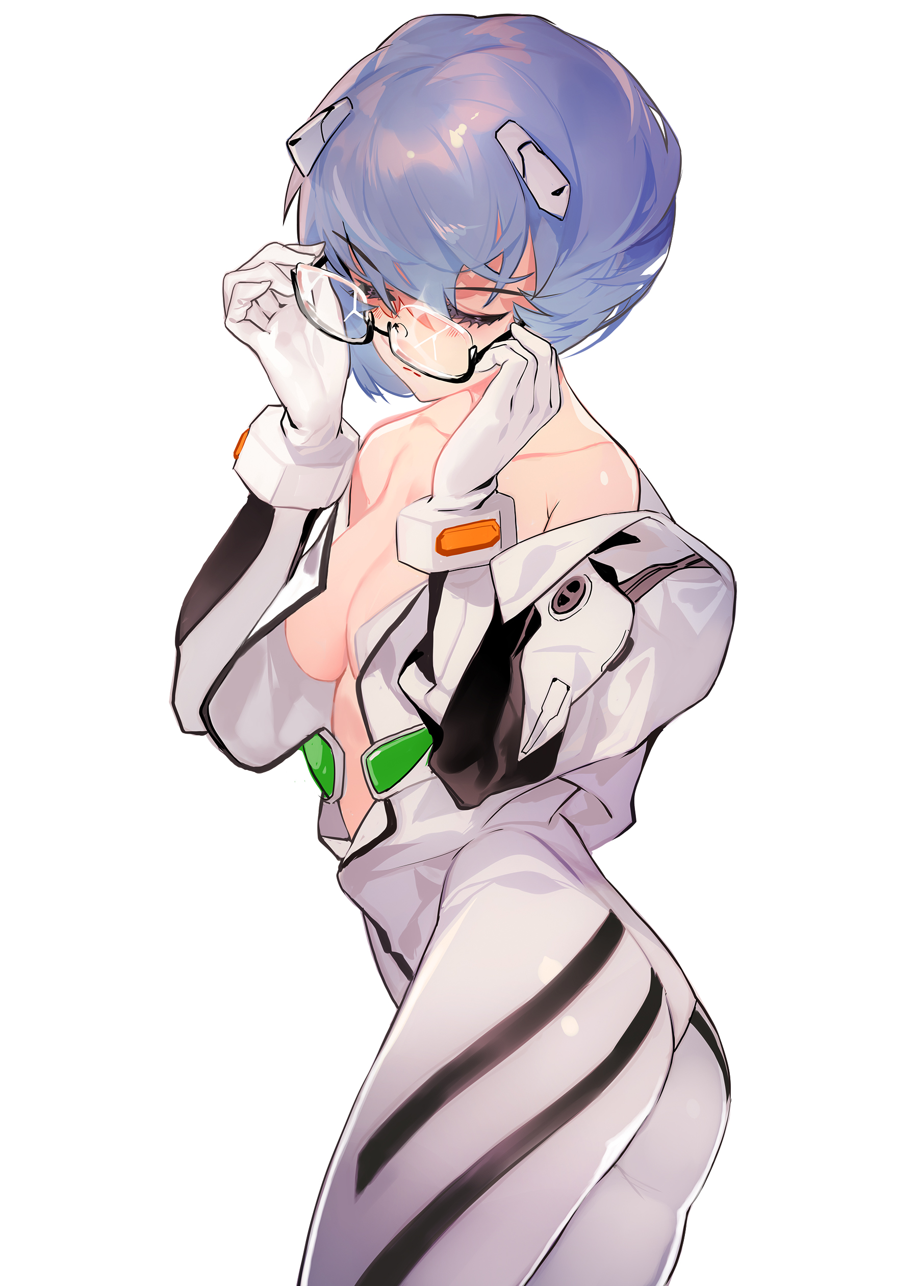 1girls, blue hair, bodysuit, breasts, casual exposure, casual nudity, closed eyes, clothing, female, female focus, female only, glasses, gloves, grandialee, large breasts, neon genesis evangelion, plugsuit, rei ayanami, short hair, solo, solo female, solo focus, topless, undressing