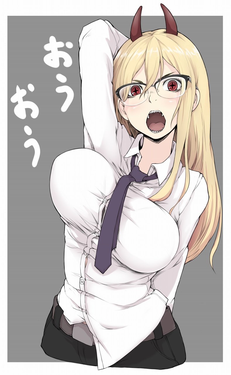 +_+ arm_behind_back arm_behind_head bangs belt bespectacled black-framed_eyewear black_pants blue_neckwear breasts bursting_breasts chainsaw_man commentary demon_girl demon_horns dress_shirt fangs female female_only frown glasses grey_background grey_belt highres holding horns ina_(gokihoihoi) large_breasts long_hair long_sleeves looking_at_viewer loose_necktie necktie open_mouth outside_border over-rim_eyewear pants power_(chainsaw_man) red_eyes semi-rimless_eyewear sharp_teeth shirt solo standing teeth translated white_shirt