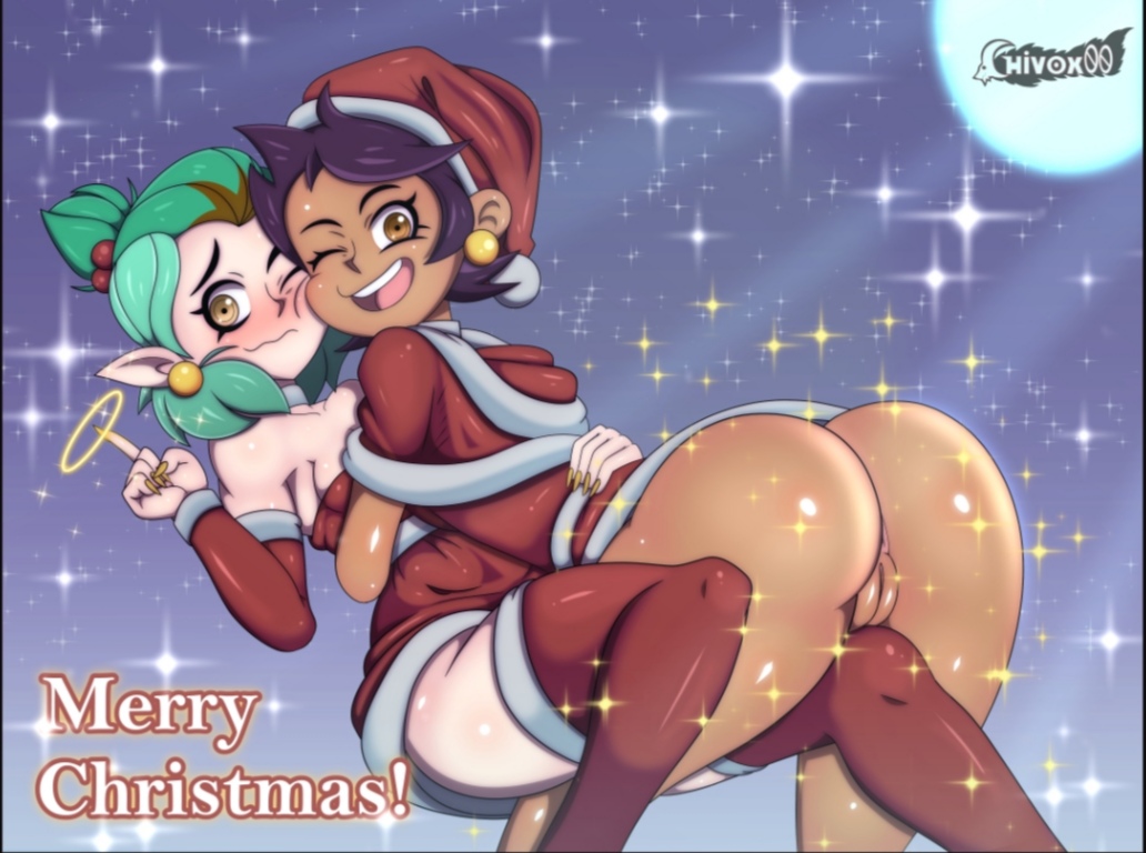 2girls, amity blight, ass, big ass, blushing, breasts, brown hair, canon couple, chivox00, chocolate and vanilla, christmas, christmas outfit, dark skin, dark-skinned female, disney, disney channel, dominican, dyed hair, female, female only, green hair, hispanic, human, humanoid, interracial yuri, latina, luz noceda, magic, multiple females, multiple girls, pale skin, pointy ears, pussy, short green hair, short hair, small breasts, the owl house, vagina, witch, yuri