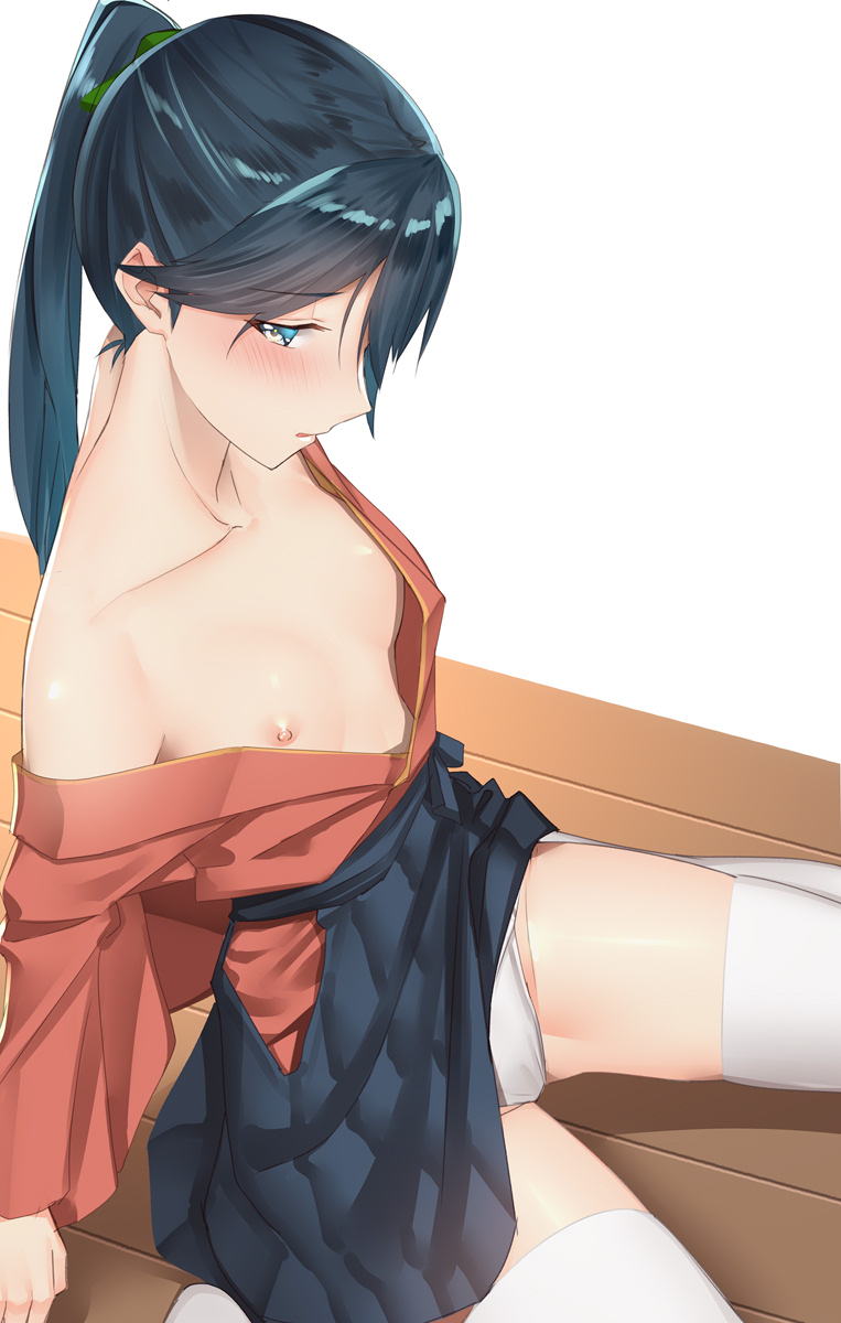 1girls, blue eyes, blue hair, breasts, clothed, clothing, female, female focus, female only, functionally nude, hakama, houshou (kantai collection), kantai collection, looking at viewer, nipples, open clothes, pallad, panties, partially clothed, skirt, skirt lift, small breasts, solo, solo female, solo focus, stockings