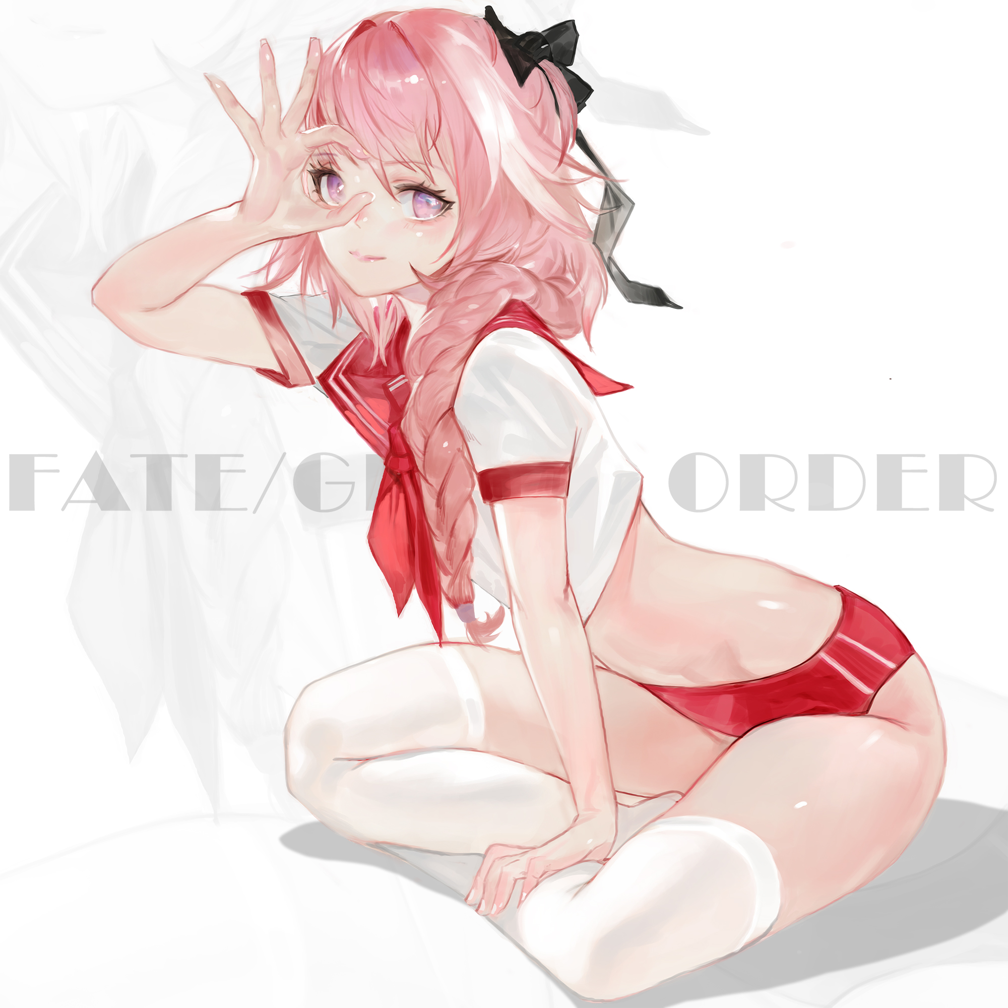 astolfo (fate), clothed, clothing, fate (series), fate/grand order, femboy, fully clothed, grandialee, looking at viewer, male, panties, pink eyes, pink hair, playful, ponytail, pose, posing, solo, solo focus, stockings, tie