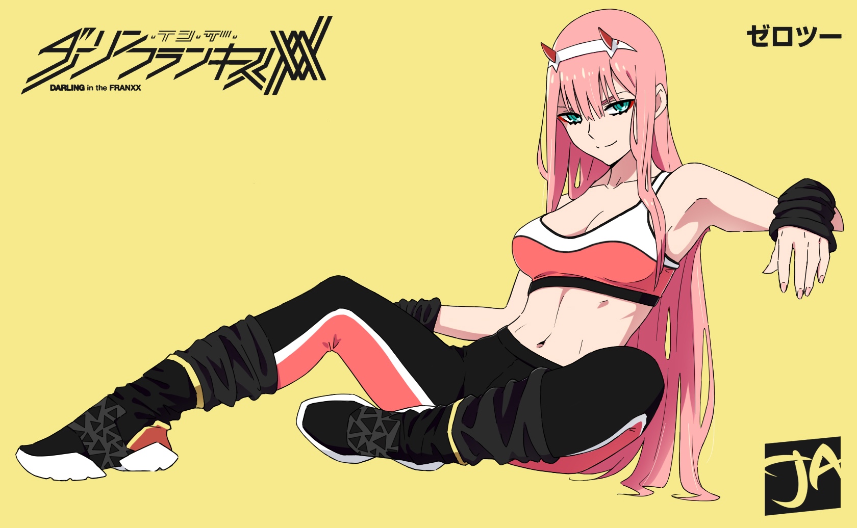1girls, belly, belly button, black socks, clothed, clothing, darling in the franxx, female, female focus, female only, fit, fitness, j adsen, long hair, looking at viewer, loose socks, pink hair, smile, socks, solo, solo female, solo focus, sports bra, sportswear, zero two (darling in the franxx)
