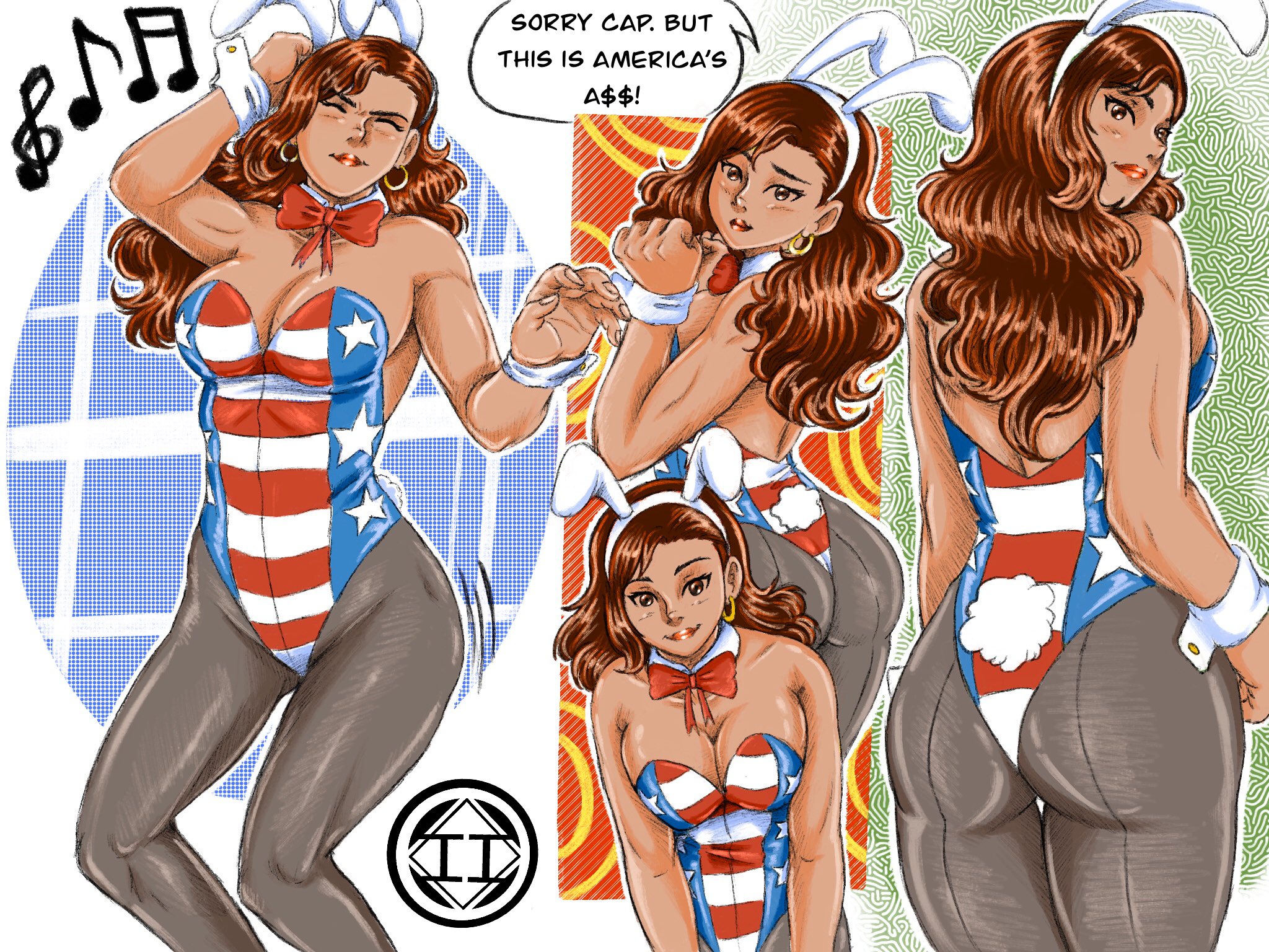 1girls, america chavez, american flag, brown eyes, brown hair, brunette, bunny ears, bunny tail, bunnysuit, cleavage, comic, dark skin, dark-skinned female, dialogue, earrings, english, english text, fake animal ears, fake tail, female, female focus, female only, fully clothed, hoop earrings, latina, long hair, marvel, marvel comics, pinup, pinup pose, solo, speech bubble, superheroine, tagme, young avengers