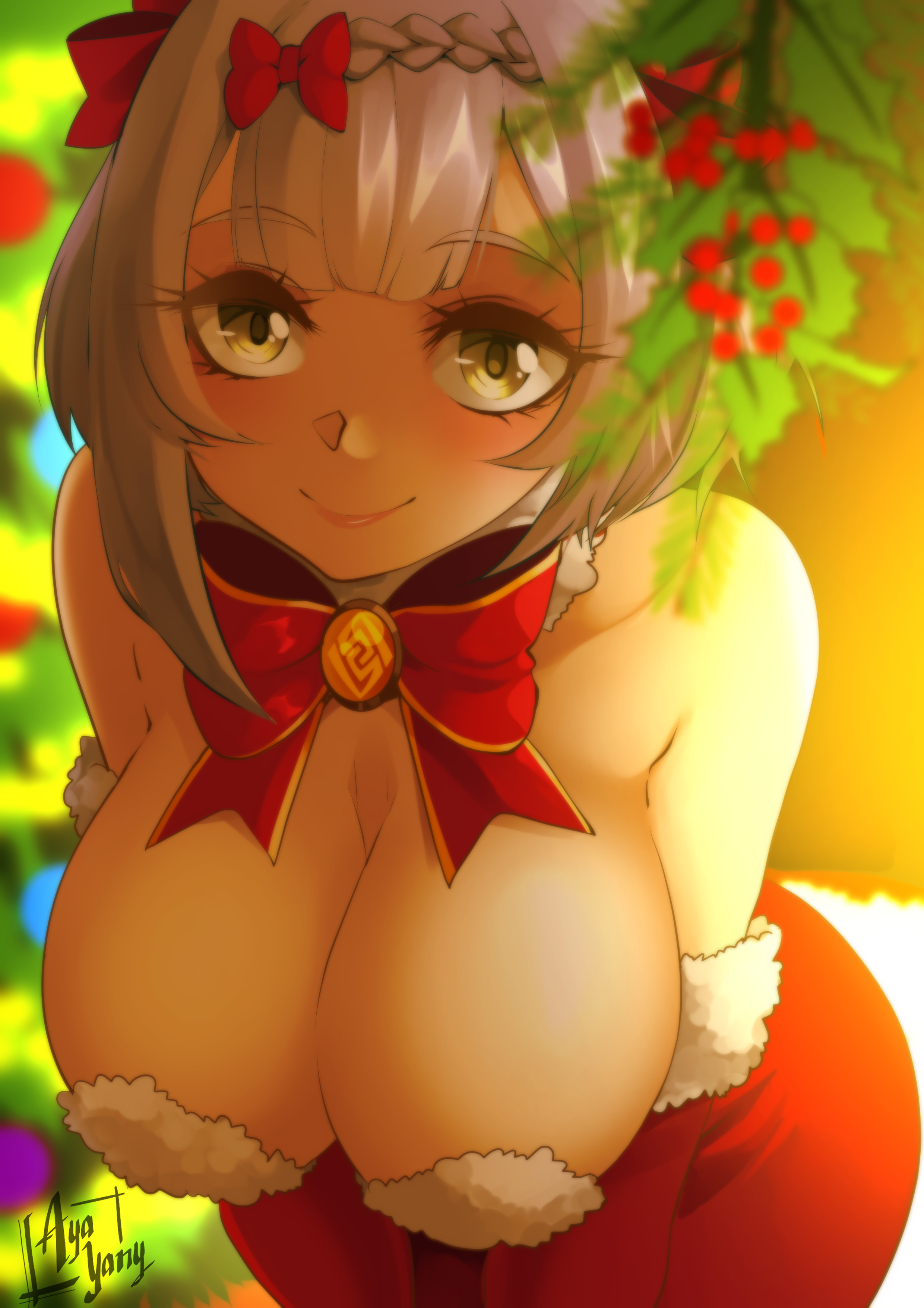 1girls, aya yanagisawa, bare shoulders, bent over, bow, braid, breasts, christmas, cleavage, cute, dress, female, female only, genshin impact, highres, huge breasts, large breasts, looking at viewer, merry christmas, noelle (genshin impact), seductive, seductive smile, short hair, smile