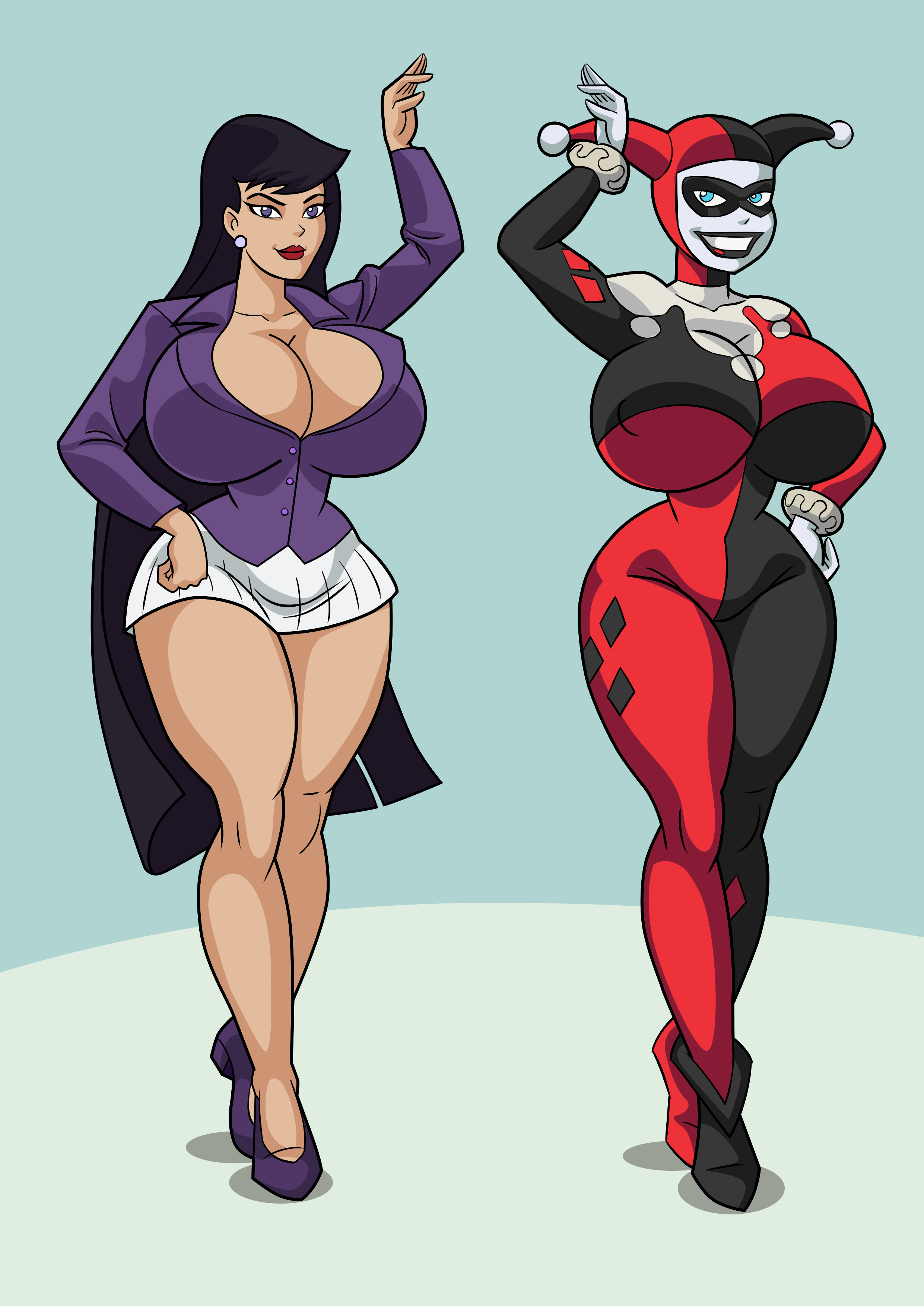 2girls, art-2u, batman (series), batman: the animated series, big breasts, bodysuit, breasts, cleavage, curvaceous, curvy, dc, dc comics, dcau, female, female only, harley quinn, harley quinn (classic), huge breasts, large breasts, lipstick, lois lane, lois lane (dcau), miniskirt, pleated skirt, skirt, superman (series), superman: the animated series, the new batman adventures, thick thighs, thighs, voluptuous, white skirt, wide hips