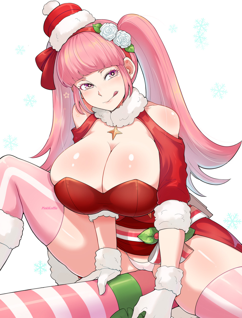 1girls alternate_costume bare_thighs cameltoe candy_cane christmas cleavage fire_emblem fire_emblem:_three_houses fire_emblem_heroes hilda_valentine_goneril hilda_valentine_goneril_(winter) huge_breasts large_breasts licking_lips nintendo panties pink_hair pinkkoffin seductive_smile simple_background smile solo thick thighhighs thighs twintails