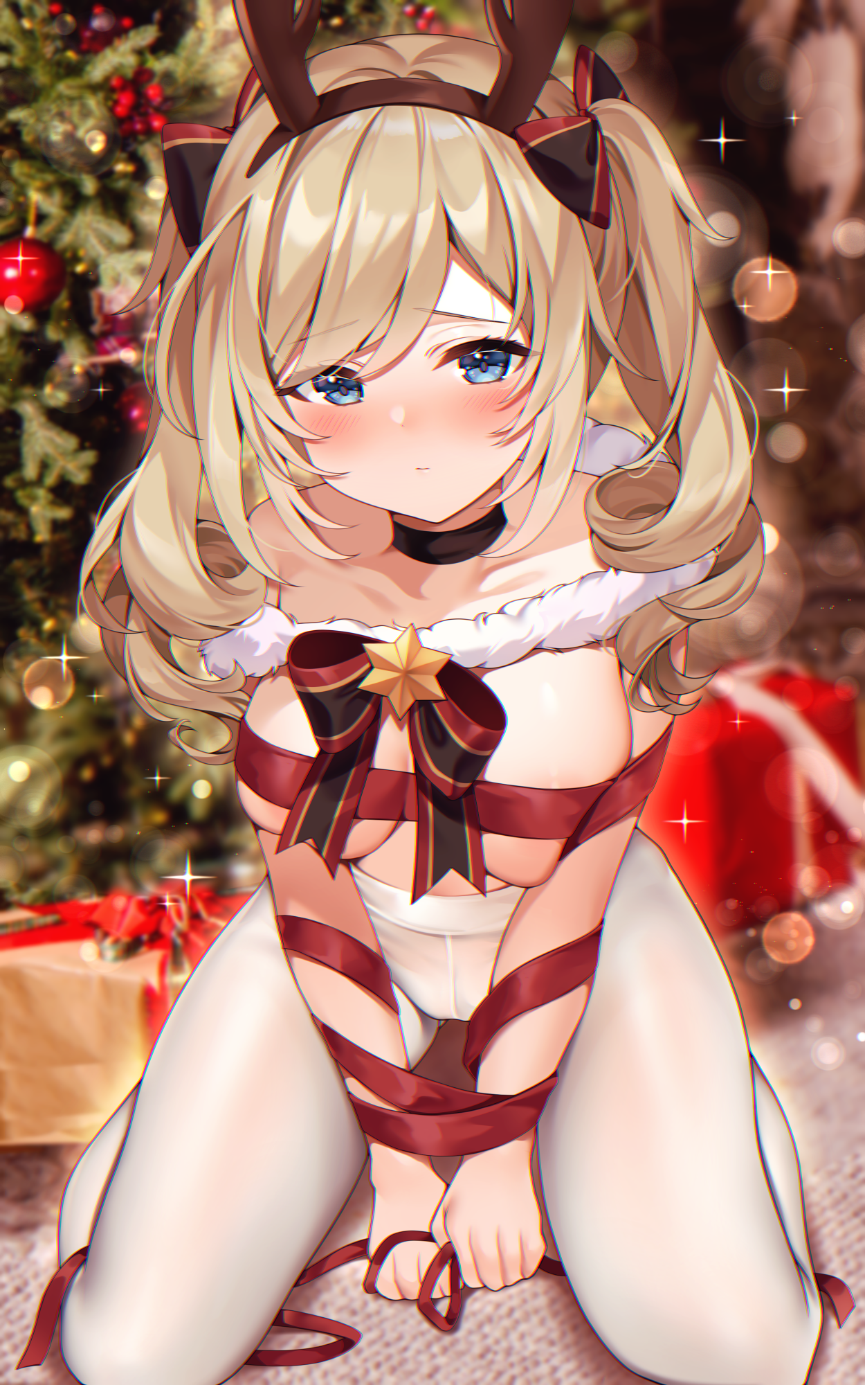 1girls, barbara (genshin impact), bedroom eyes, blonde hair, blue eyes, blush, bondage, breasts, christmas, female, genshin impact, gift, highres, kneeling, large breasts, looking at viewer, nun, pantyhose, reindeer antlers, restrained, tied up, topless, twintails, white legwear