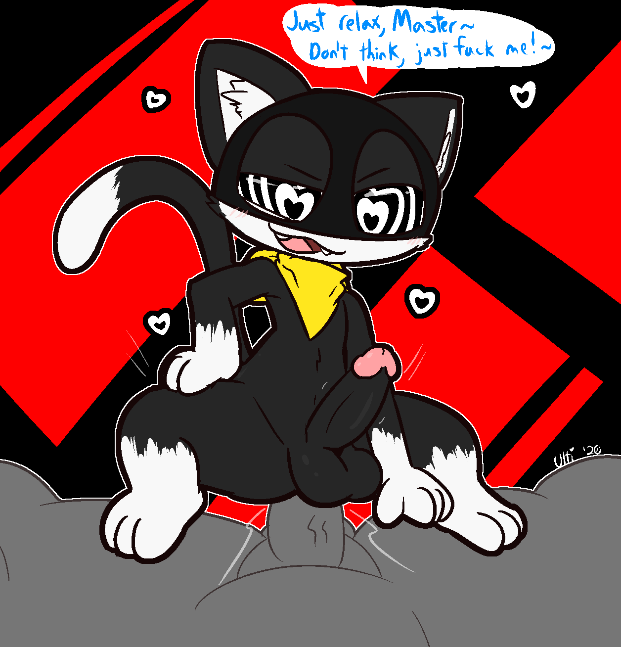 <3_eyes 2020 3_toes abstract_background ambiguous_gender ambiguous_on_anthro ambiguous_on_bottom anon anthro anthro_focus atlus balls bandana big_balls big_penis black_background black_balls black_body black_eyes black_fur black_mask black_penis dialogue dipstick_tail domestic_cat duo english_text erection faceless_ambiguous faceless_character faceless_male fangs felid feline felis fur genitals glans grey_balls grey_penis hand_on_leg hand_on_thigh heart hi_res hypnosis hypnotizing_viewer inner_ear_fluff kerchief larger_anthro larger_male looking_down looking_pleasured male male/male male_focus male_on_top male_penetrated male_penetrating male_penetrating_male mammal megami_tensei megami_tensei_persona mind_control morgana_(persona) multicolored_tail on_bottom on_top open_mouth penetration penis persona persona_5 pink_glans power_bottom red_background reverse_cowgirl_position sex simple_background size_difference smaller_ambiguous smaller_male smile solo_focus speech_bubble straddling text toes tuft ultilix video_games white_body white_eyes white_fur white_inner_ear yellow_bandanna yellow_kerchief