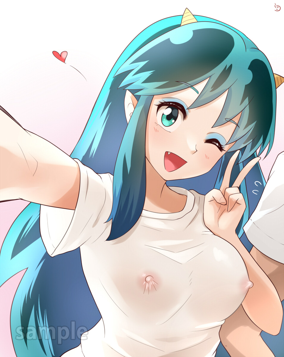 1girls, breasts, female, female only, green eyes, green hair, horn, long hair, lum, nipples, nipples visible through clothing, oni, oni horns, raion, urusei yatsura