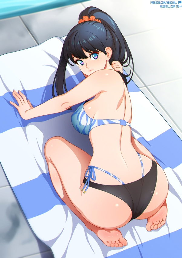 barefoot bikini black_hair blue_eyes day detailed_background double_bikini feet female female_only female_solo hair_scrunchie light-skinned light-skinned_female long_hair looking_at_viewer neocoill orange_scrunchie outdoors ponytail shiny shiny_skin soles solo ssss.gridman swimsuit takarada_rikka tied_hair