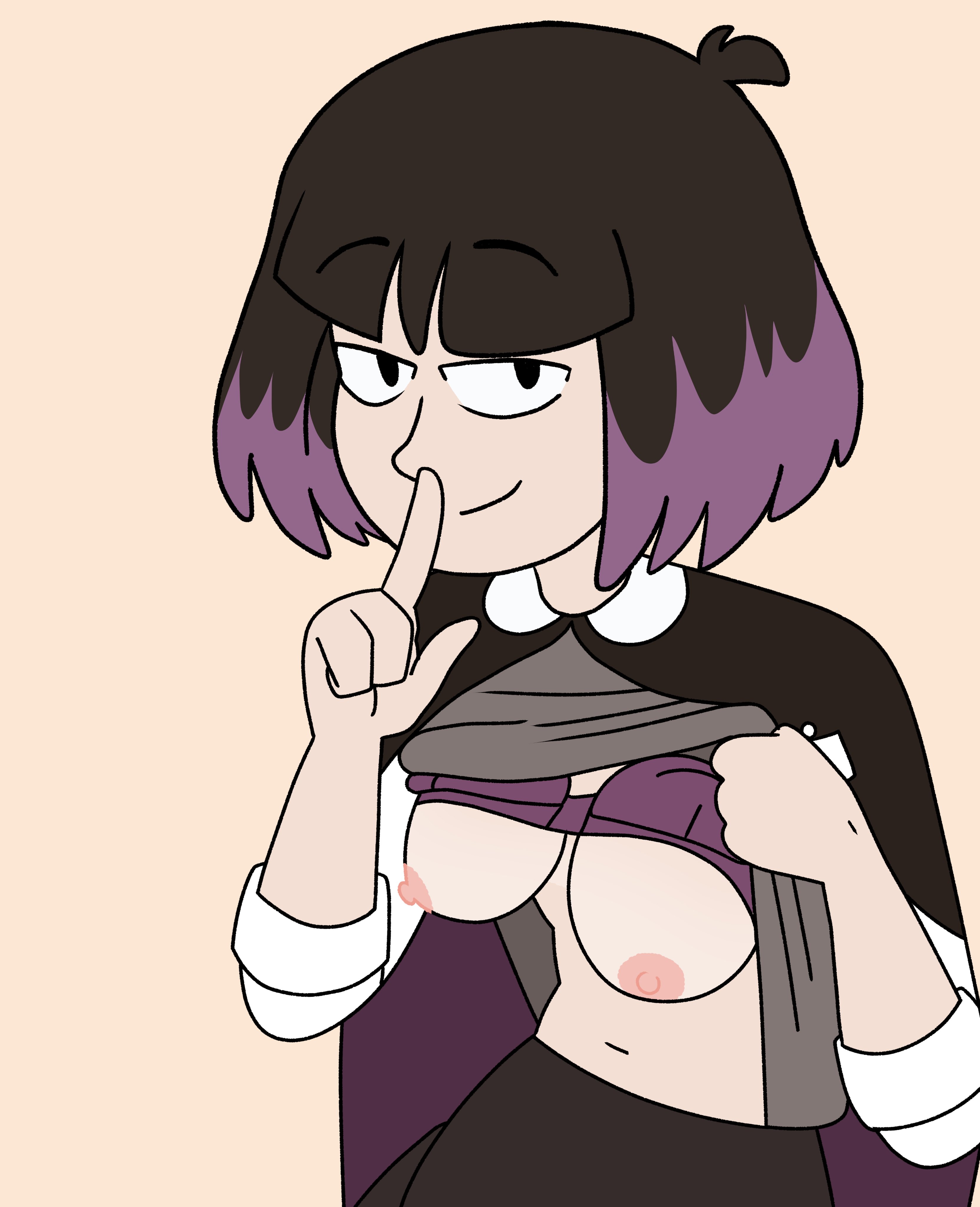 1girls, breasts, clothing, drpizzaboi1, female, female only, grey vest, hilda (series), inkershike, kaisa (hilda), nipples, short hair, smile, solo, vest