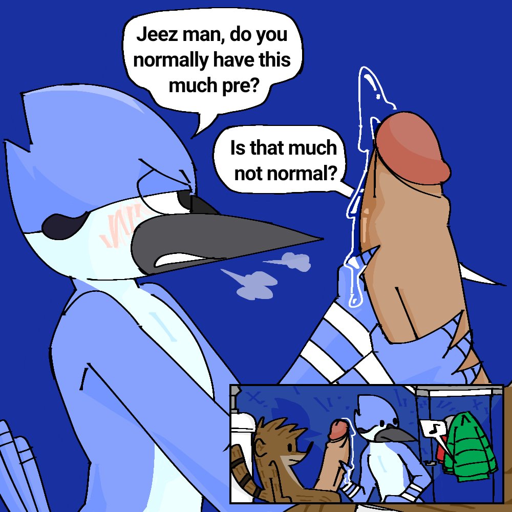 1:1 anthro avian bathroom bathroom_sex big_penis bird blue_jay blush bodily_fluids cartoon_network comic corvid duo english_text erection gay genital_fluids genitals handjob huge_cock jay_(bird) male male/male mordecai_(regular_show) new_world_jay oscine passerine pb-art penile penis precum public_restroom regular_show restroom_stall rigby_(regular_show) sex text