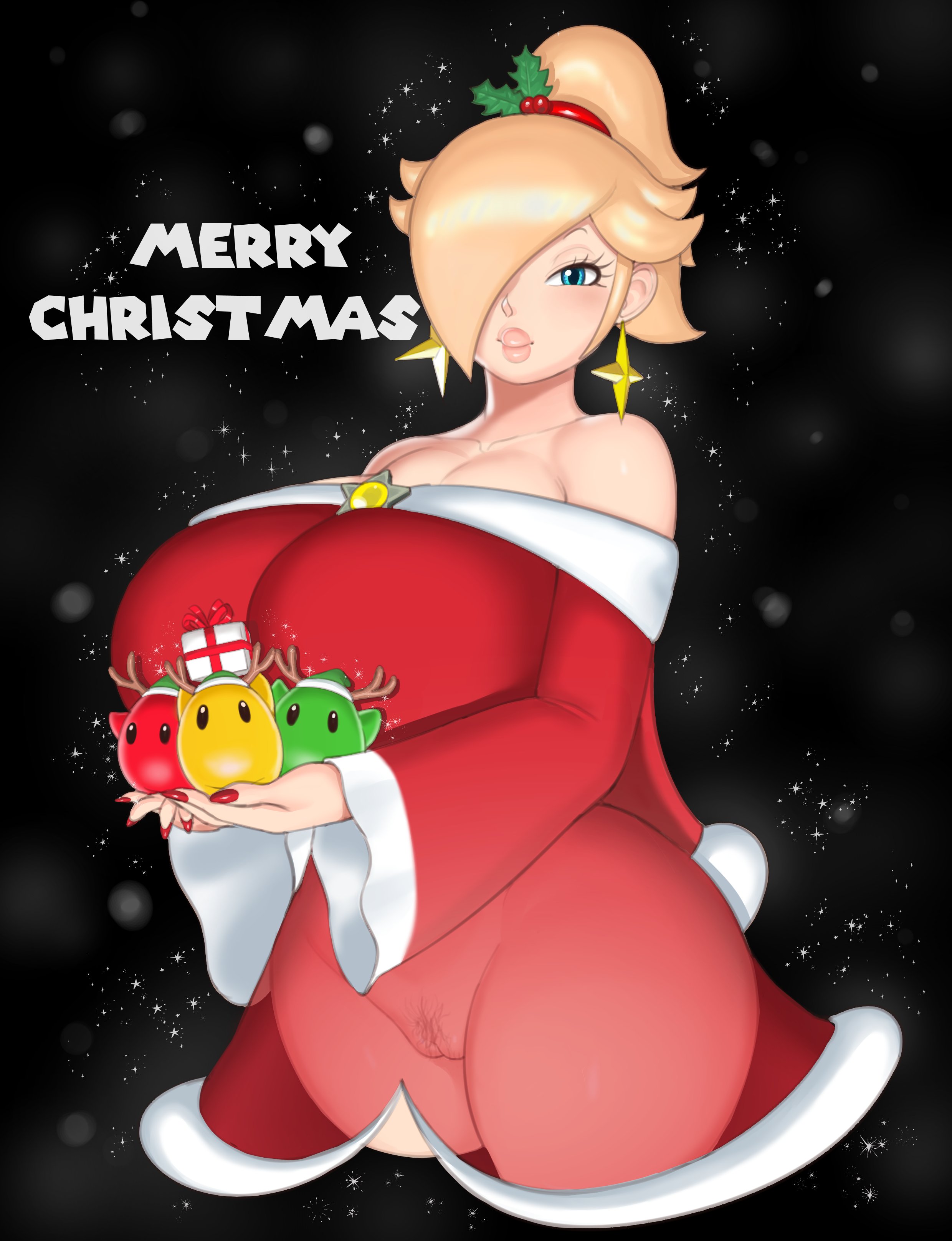 1girls, alternate breast size, bimbo, breasts, breasts bigger than head, busty, christmas, cleavage, female, female only, grey impact, hips, huge breasts, looking at viewer, luma, mario (series), milf, nintendo, no panties, no underwear, princess rosalina, pussy, see-through clothing, solo, super mario galaxy, thick thighs, thighs, top heavy, translucent clothing