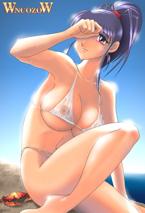 1girls 2000 achika_masaki bikini blue_hair blush breasts curvy female female_only large_breasts long_hair pale-skinned_female pale_skin pointy_chin sitting solo tagme tenchi_muyo! wancozow wide_hips