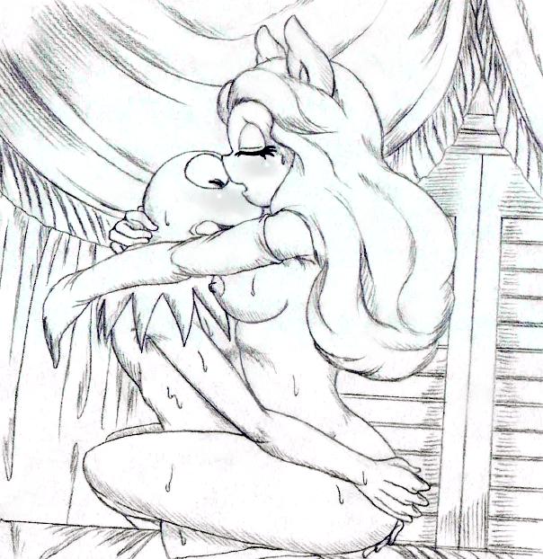 amphibian anthro areola ass ass_grab blush breasts closed_eyes coconut_(artist) cowgirl_position eyelashes female_on_top frog furry gloves kermit_the_frog long_gloves long_hair miss_piggy monochrome muppets nipples open_mouth pig pleasure_face sex sideboob sketch straight