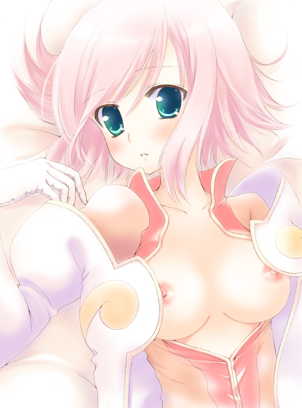 1girls breasts breasts_out estellise_sidos_heurassein female green_eyes lying lying_on_back mika_mikan nipples open_mouth pink_hair tagme tales_of_(series) tales_of_vesperia undressing