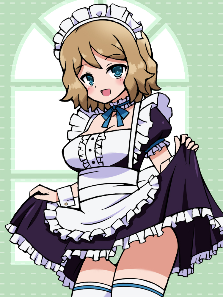 alternate_costume apron blue_eyes blush chro dress dress_lift enmaided female frills green_panties human human_only maid maid_headdress panties pantyshot pokemon pokemon_(anime) serena_(pokemon) short_hair solo standing thighhighs underwear wrist_cuffs