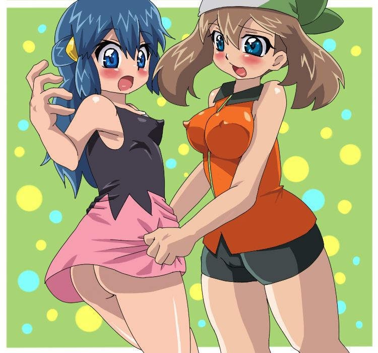 bandana bike_shorts blue_eyes blue_hair blush bottomless brown_hair cameltoe dawn_(pokemon) erect_nipples female grab green_bandana hair_ornament hamu_(sanosano) human human_only may_(pokemon) may_(pokemon_emerald) microskirt no_panties pokemon skin_tight skirt spandex