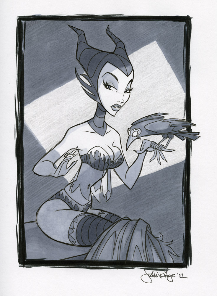 1girls 2007 bird bra breasts clothes diablo_the_raven disney disney_villains female greyscale justin_ridge looking_at_viewer maleficent monochrome panties pointy_chin raven_(bird) sleeping_beauty_(1959_film) underwear witch