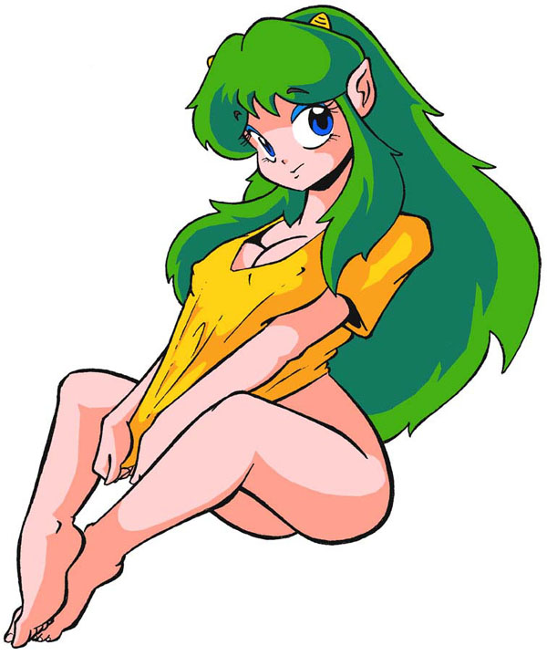 1girls 2005 blue_eyes breasts evhor female green_hair horns humanoid large_breasts light-skinned_female light_skin long_hair looking_at_viewer lum oni pointy_ears princess shirt solo tagme urusei_yatsura