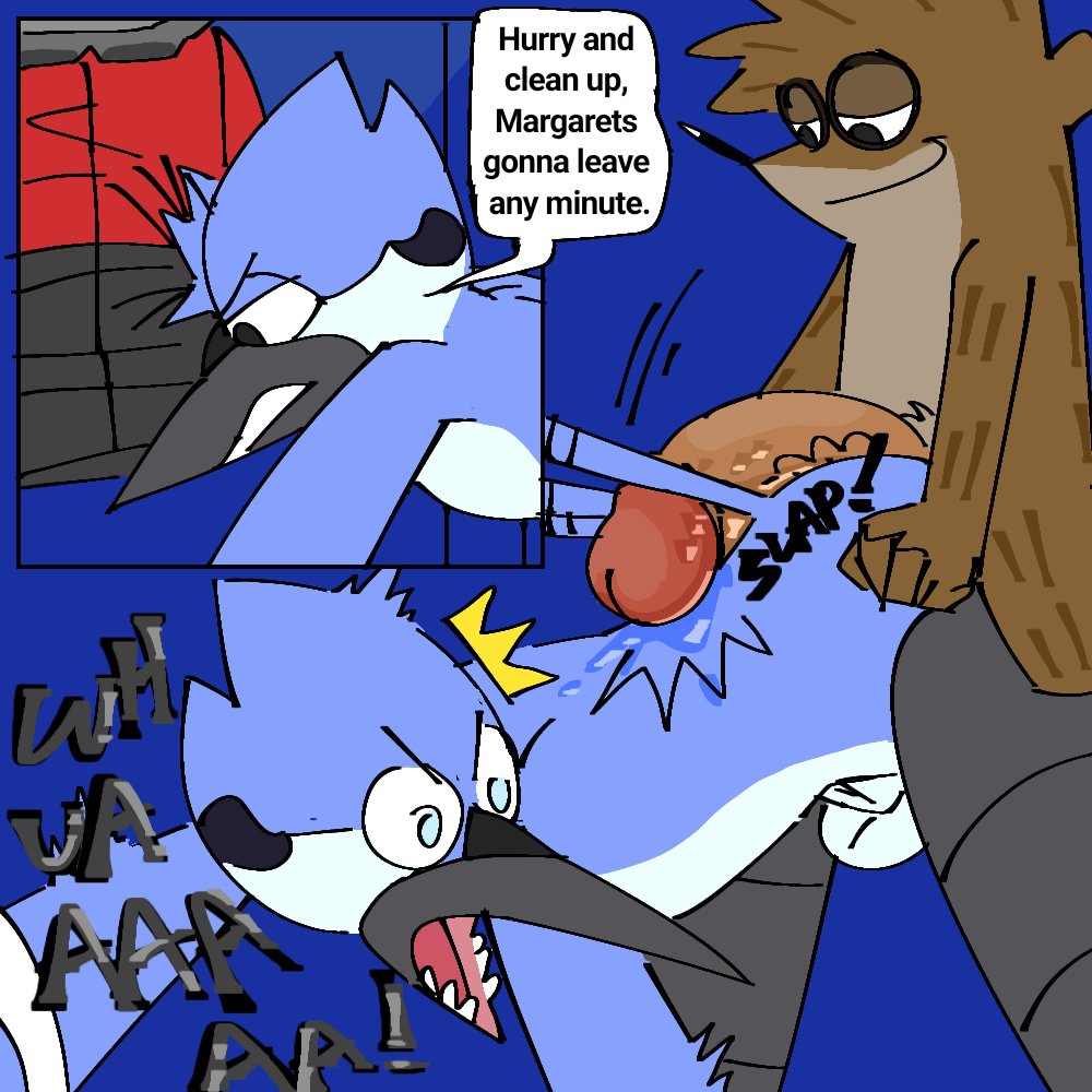 1:1 animal animal_genitalia anthro avian balls bathroom bathroom_sex big_penis bird blue_jay cartoon_network comic corvid duo english_text gay genitals hot_dogging huge_cock jay_(bird) male male/male mordecai_(regular_show) new_world_jay oscine passerine pb-art penis public_restroom regular_show restroom_stall rigby_(regular_show) sheath size_difference small_dom_big_sub smile smirk text