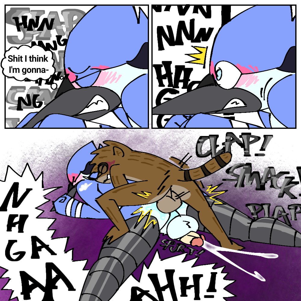 1:1 anal anal_orgasm anthro ass avian balls bird blue_jay blush bodily_fluids cartoon_network comic corvid cum cum_while_penetrated duo from_behind_position gay genital_fluids genitals jay_(bird) male male/male male_penetrated male_penetrating male_penetrating_male mordecai_(regular_show) new_world_jay oscine passerine pb-art penetration penis perching_position prostate_orgasm regular_show rigby_(regular_show) sex size_difference small_dom_big_sub speed_bump_position