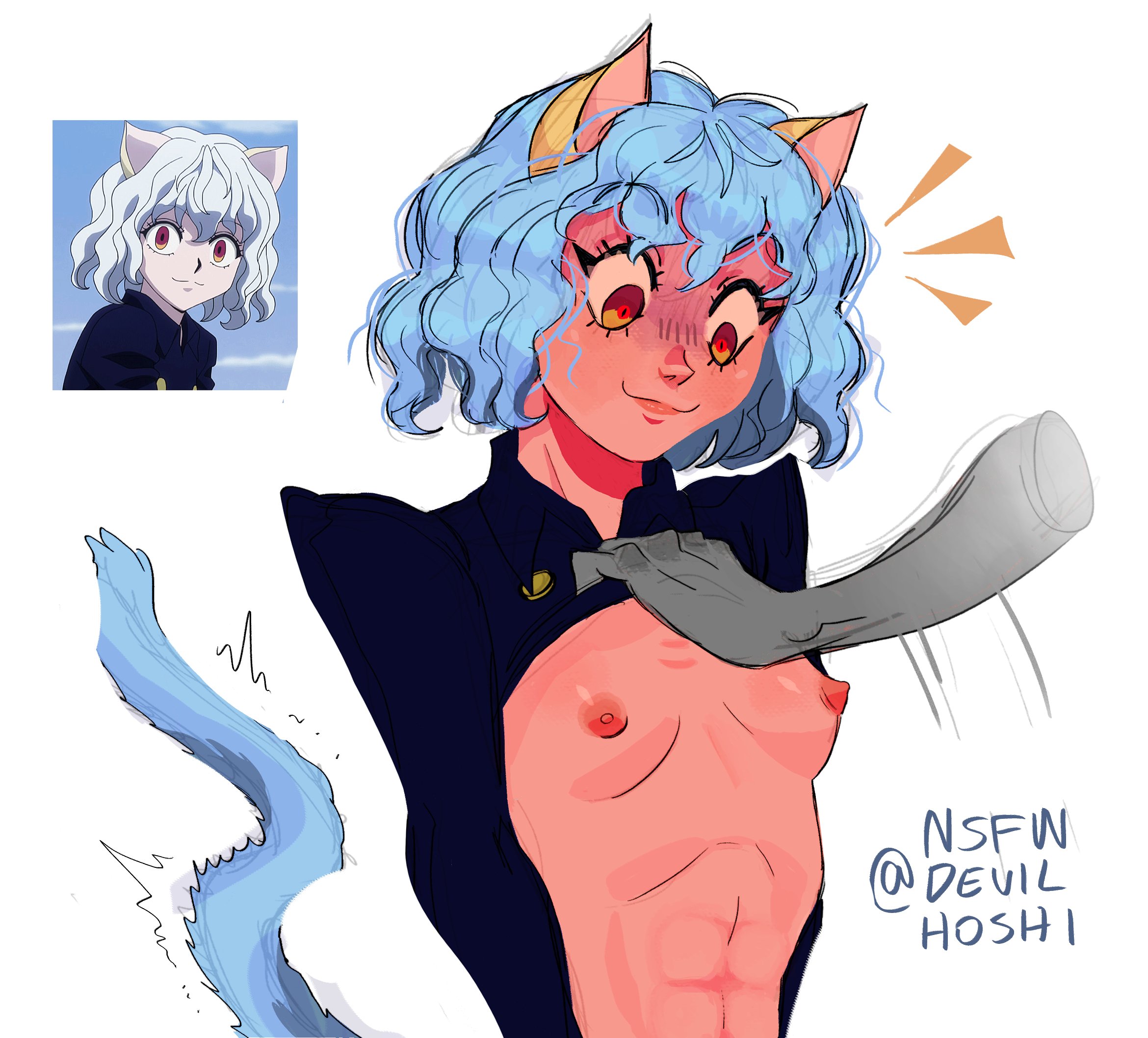 abs, anthro, blue fur, blue hair, blush, breasts, cat ears, female, furry, graimm, hunter x hunter, neferpitou, nipples, shirt lift, short hair, tail