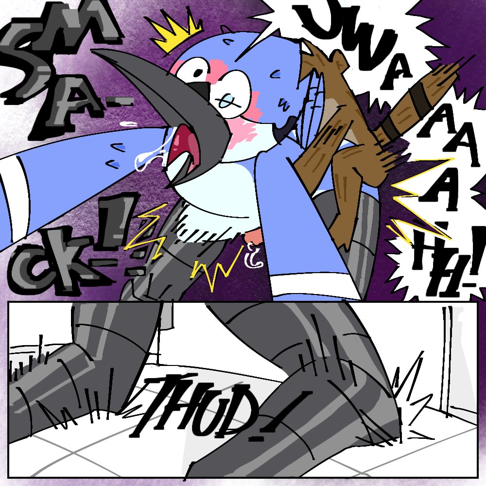 1:1 ahe_gao anal anthro avian bathroom bird blue_jay bodily_fluids cartoon_network comic corvid drooling duo from_behind_position gay jay_(bird) looking_pleasured male male/male male_penetrated male_penetrating male_penetrating_male mammal mordecai_(regular_show) new_world_jay oscine passerine pb-art penetration perching_position procyonid raccoon regular_show rigby_(regular_show) saliva sex size_difference small_dom_big_sub weak_knees