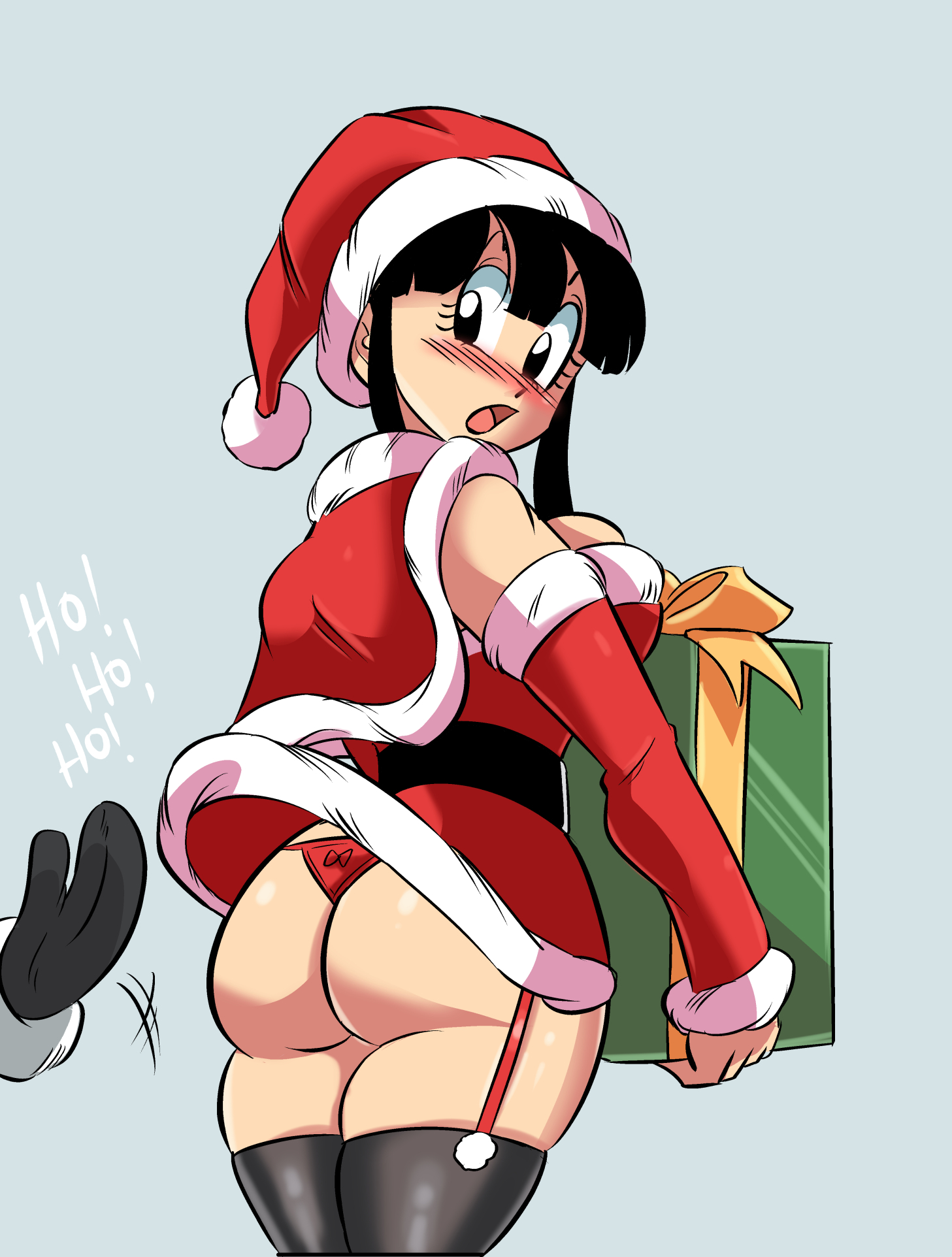 1girls, ass, assisted exposure, big ass, big breasts, big butt, black eyes, black hair, breasts, chichi, christmas, christmas outfit, christmas present, disembodied hand, dragon ball, dragon ball super, dragon ball z, embarrassed, exposed, exposed ass, exposed panties, female, female only, funsexydragonball, garter straps, jacket, large ass, large breasts, lifted by another, looking back, panties, santa hat, shounen jump, skirt lift, thick ass, thick thighs, thighhighs, thong, wide hips