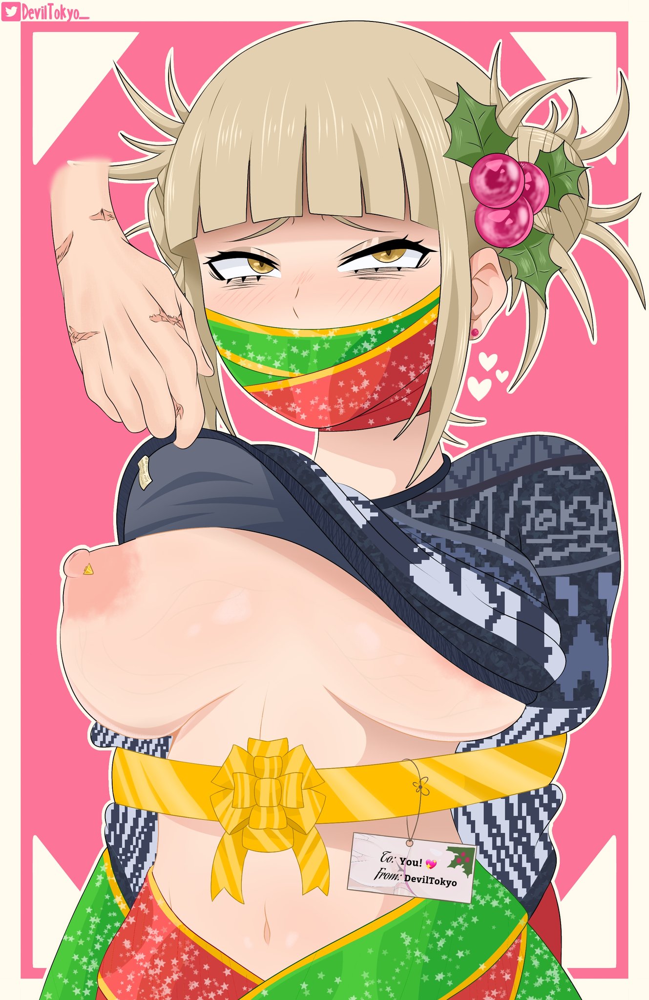 1girls, 2020, blonde hair, blonde-haired female, blush, breasts, christmas, deviltokyo, eyes rolling back, face mask, female, gift wrapped, himiko toga, izuku midoriya, large breasts, my hero academia, sweater, wrapped