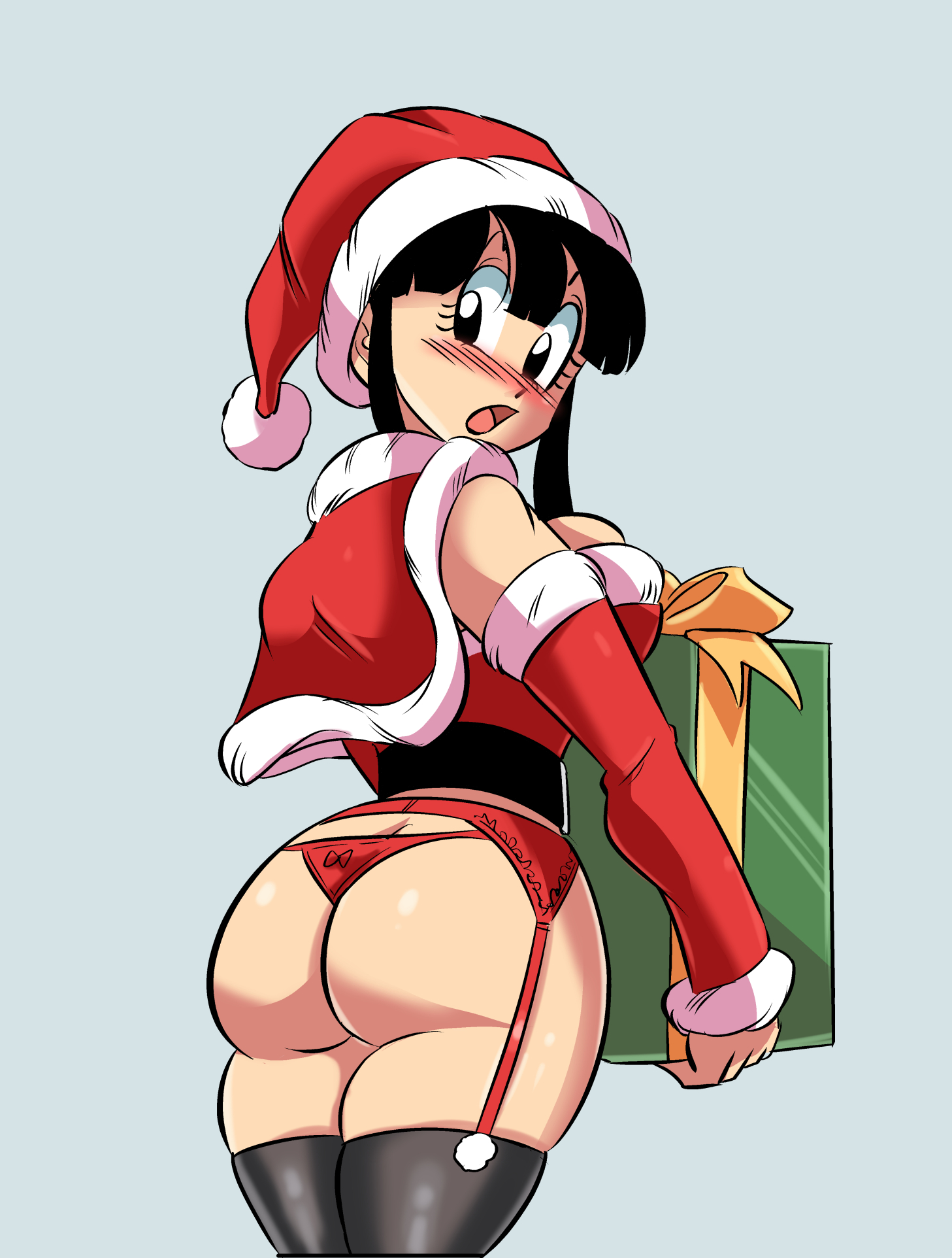 1girls, ass, ass cleavage, ass crack, big ass, big breasts, big butt, black eyes, black hair, blush, breasts, butt crack, chichi, christmas, christmas outfit, christmas present, dragon ball, dragon ball super, dragon ball z, embarrassed, exposed ass, exposed butt, female, female only, funsexydragonball, garter belt, jacket, large ass, large breasts, looking back, no skirt, santa hat, shounen jump, solo, thick ass, thick thighs, thighhighs, thong, wide hips