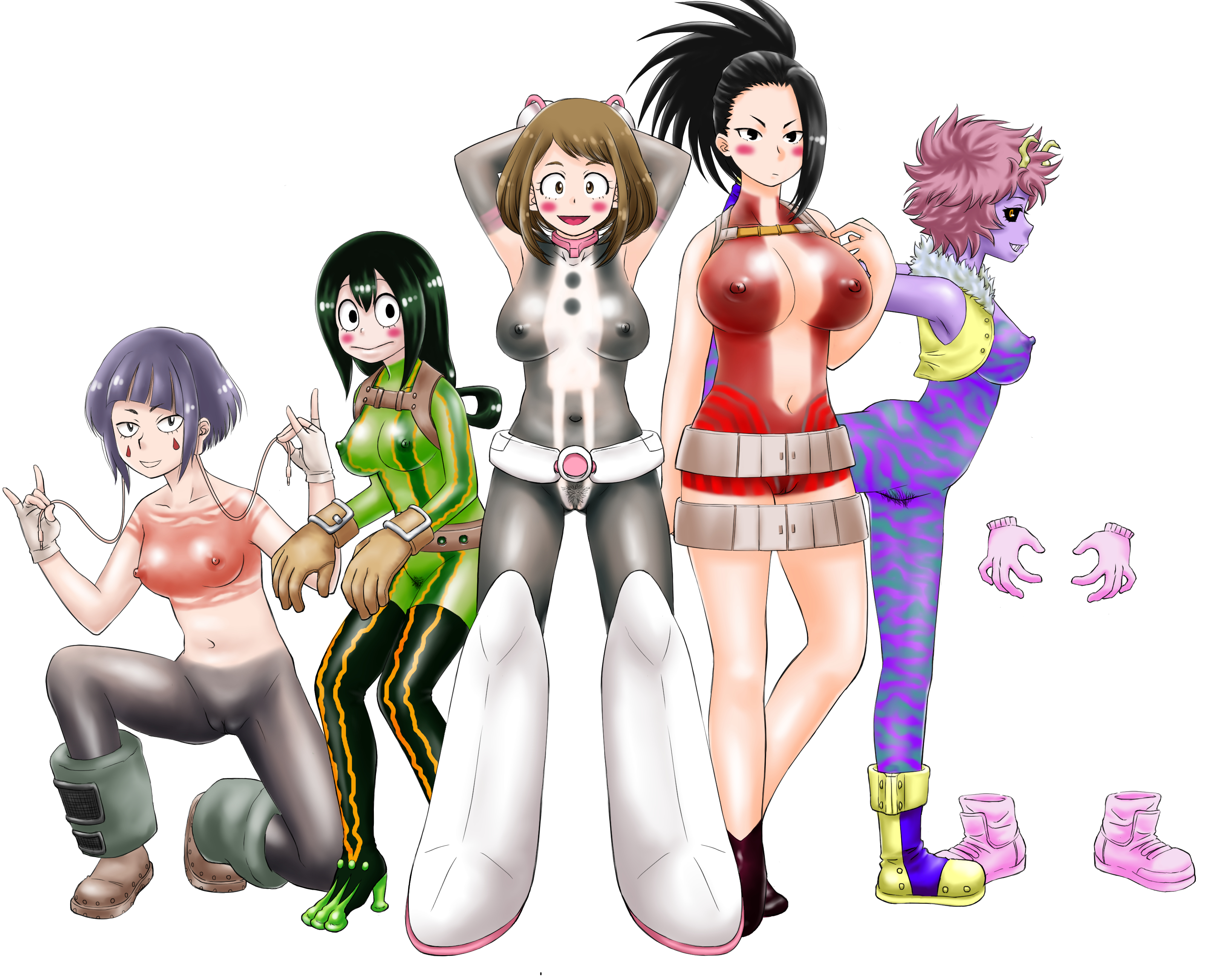 bodypaint, bodysuit, boots, breasts, clothing, exposed torso, female, female human, footwear, froppy, hagakure tooru (invisible), handwear, hero outfit (mha), human, kyoka jiro, light skin, light-skinned female, mina ashido, momo yaoyorozu, momo yaoyorozu (hero outfit), mostly nude, my hero academia, ochako uraraka, ochako uraraka (hero outfit), painted clothes, pussy, smile, superhero costume, superheroine, teenage female, teenager, tooru hagakure, tooru hagakure (invisible), tsuyu asui