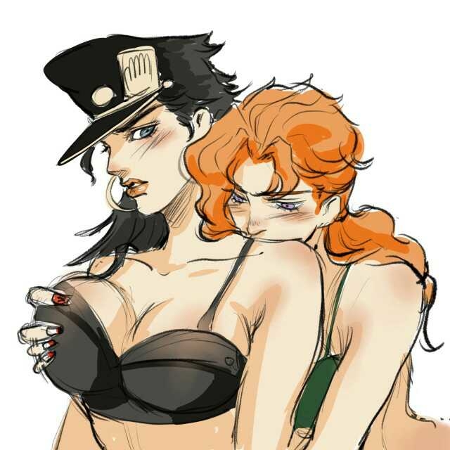 2girls, artist request, big breasts, black hair, blush, breast grab, breast squeeze, breasts, clothed, crop top, female, female jotaro, female only, grabbing from behind, groping, hat, human, jojo's bizarre adventure, jotaro kujo, light skin, light-skinned female, long hair, looking back, noriaki kakyoin, rule 63, shounen jump, skimpy, stardust crusaders, yuri