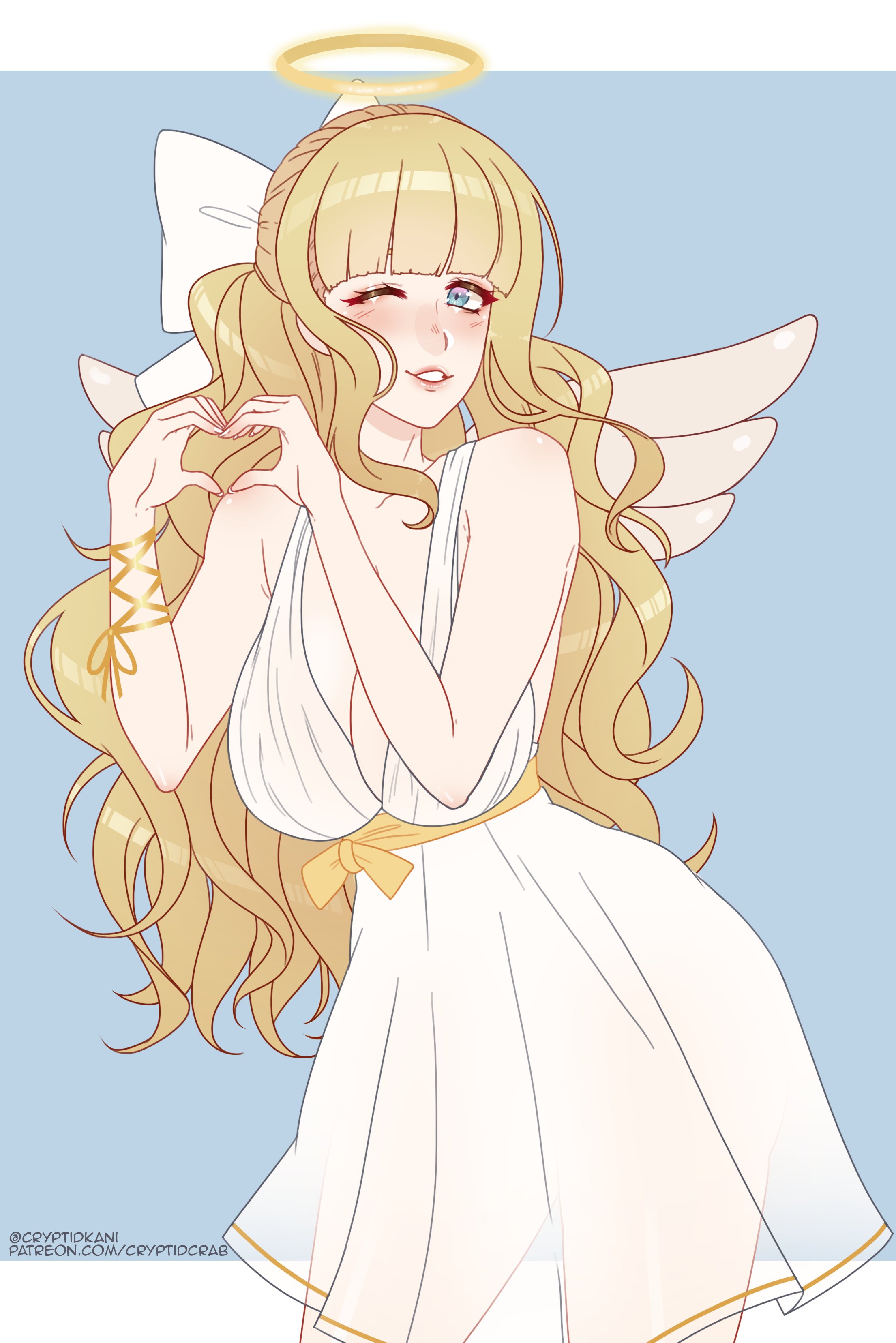 1girls, alternate costume, angel, bangs, big breasts, blonde hair, blue eyes, blush, breasts, charlotte (fire emblem), christmas, cleavage, clothing, cryptid crab, dress, female, fire emblem, fire emblem fates, halo, heart, heart hands, huge breasts, large breasts, long hair, looking at viewer, milf, nintendo, one eye closed, robe, see-through, see-through clothing, simple background, solo, solo female, thick thighs, wavy hair, wings, wink