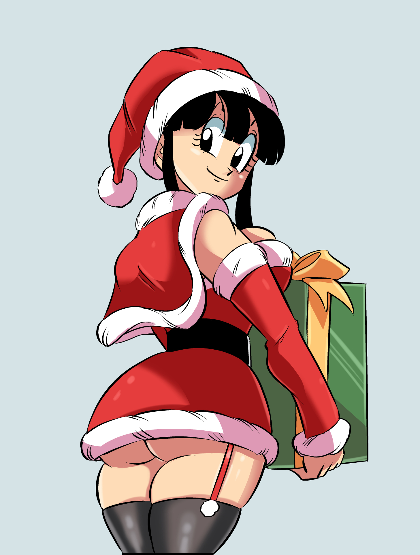 1girls, ass, big ass, big breasts, big butt, black eyes, black hair, breasts, chichi, christmas, christmas outfit, christmas present, dragon ball, dragon ball super, dragon ball z, exposed ass, exposed butt, female, female only, funsexydragonball, garter straps, jacket, large ass, large breasts, looking back, no skirt, santa hat, shounen jump, solo, thick ass, thick thighs, thighhighs, thong, wide hips