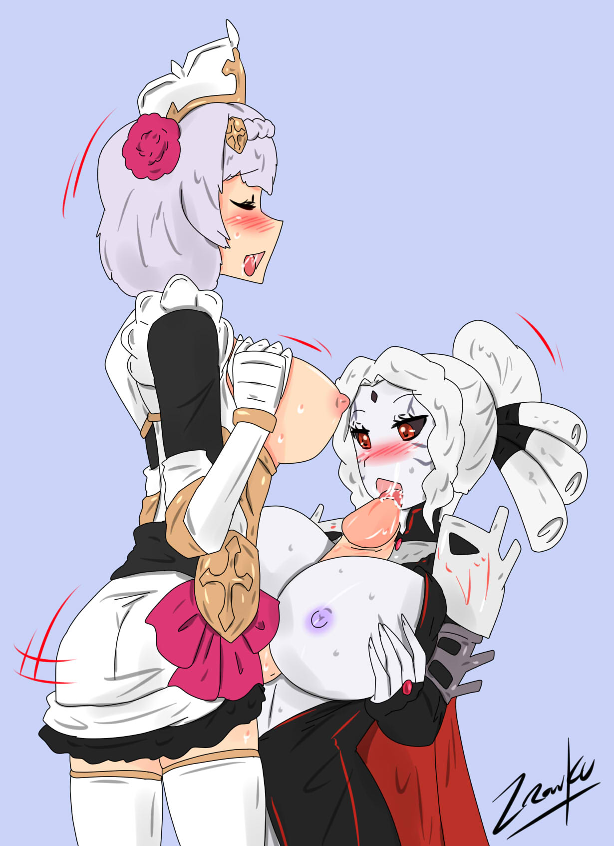 armor, breasts, breasts out, crossover, eastern and western character, fellatio, female, futa on female, futanari, genshin impact, human, intersex, licking penis, maid, maid headdress, noelle (genshin impact), paizuri, penis, rwby, salem (rwby), zronku