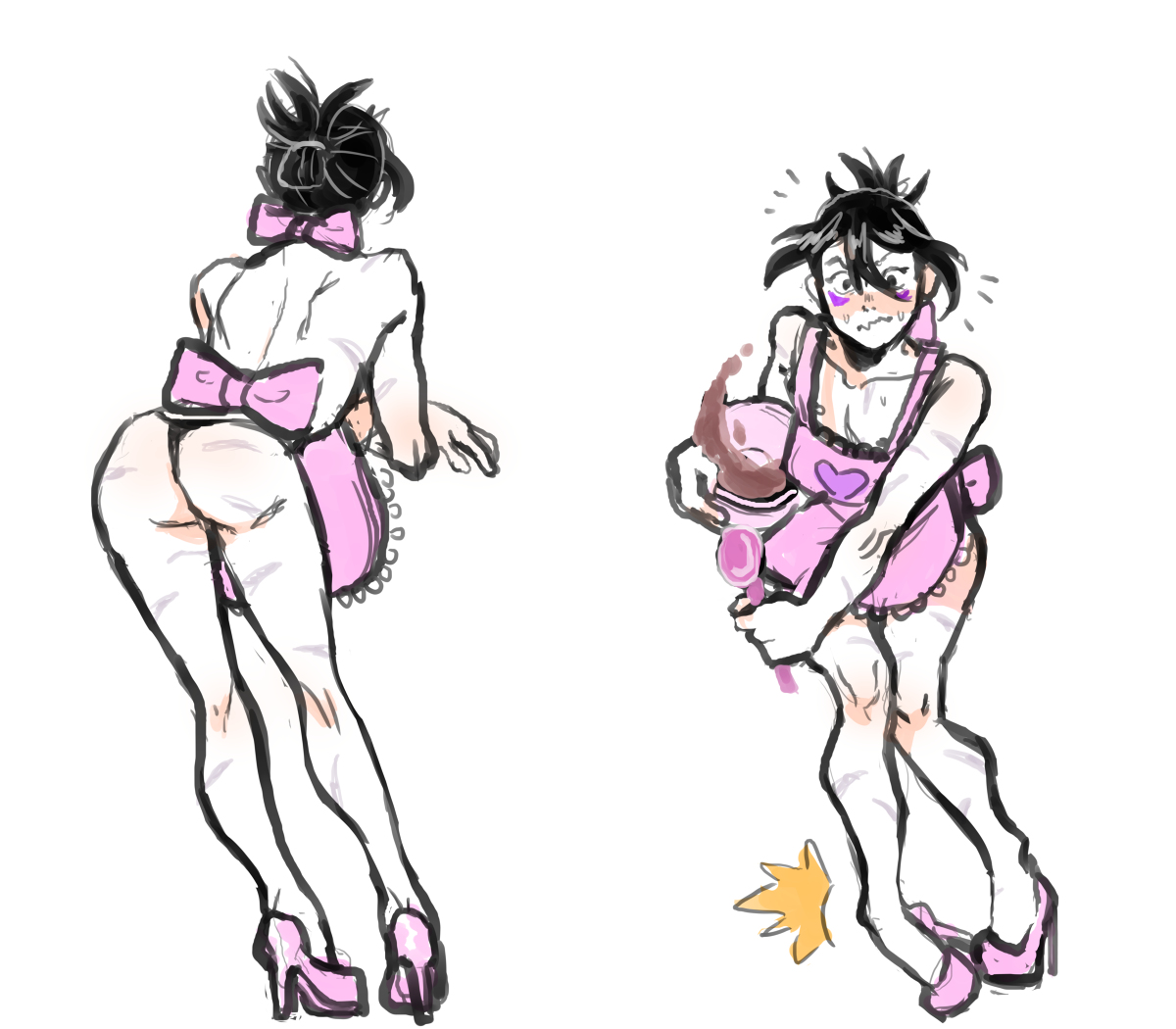 1boy, apron, apron only, ass, blush, crossdressing, domestic, femboy, high heels, male, male only, naked apron, one-punch man, ponytail, sissy, skin markings, solo, solo male, speed-o'-sound sonic, surprised, thong, trap, tripping